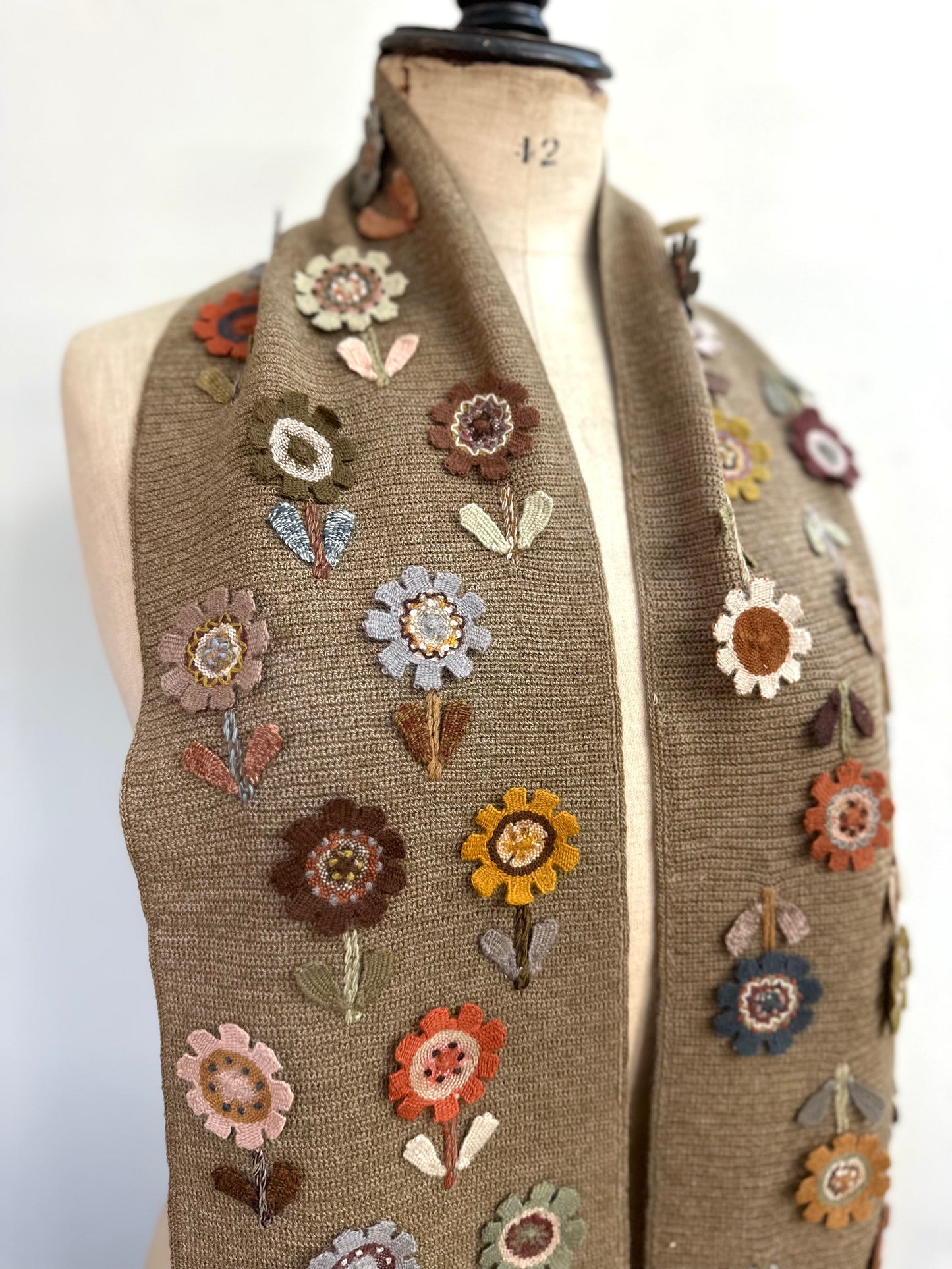 Sophie Digard Taupe Crochet Scarf With Flower Applique