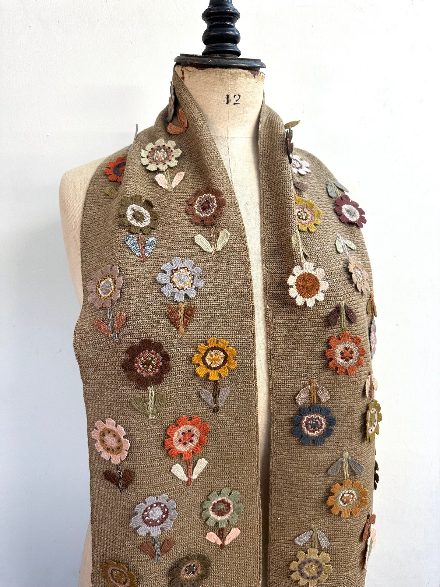Sophie Digard Taupe Crochet Scarf With Flower Applique