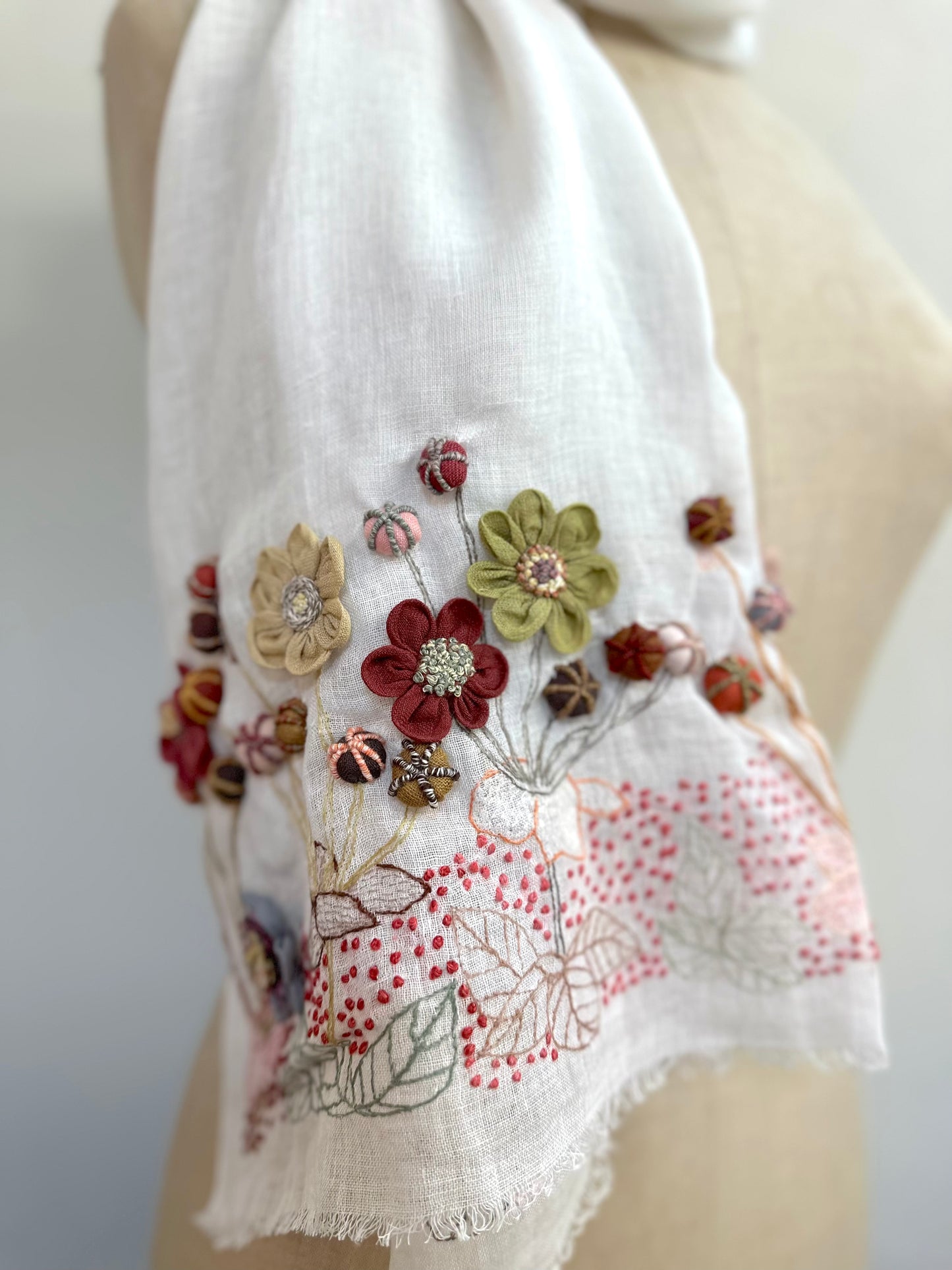 Sophie Digard Floral Embroidered White Linen Scarf