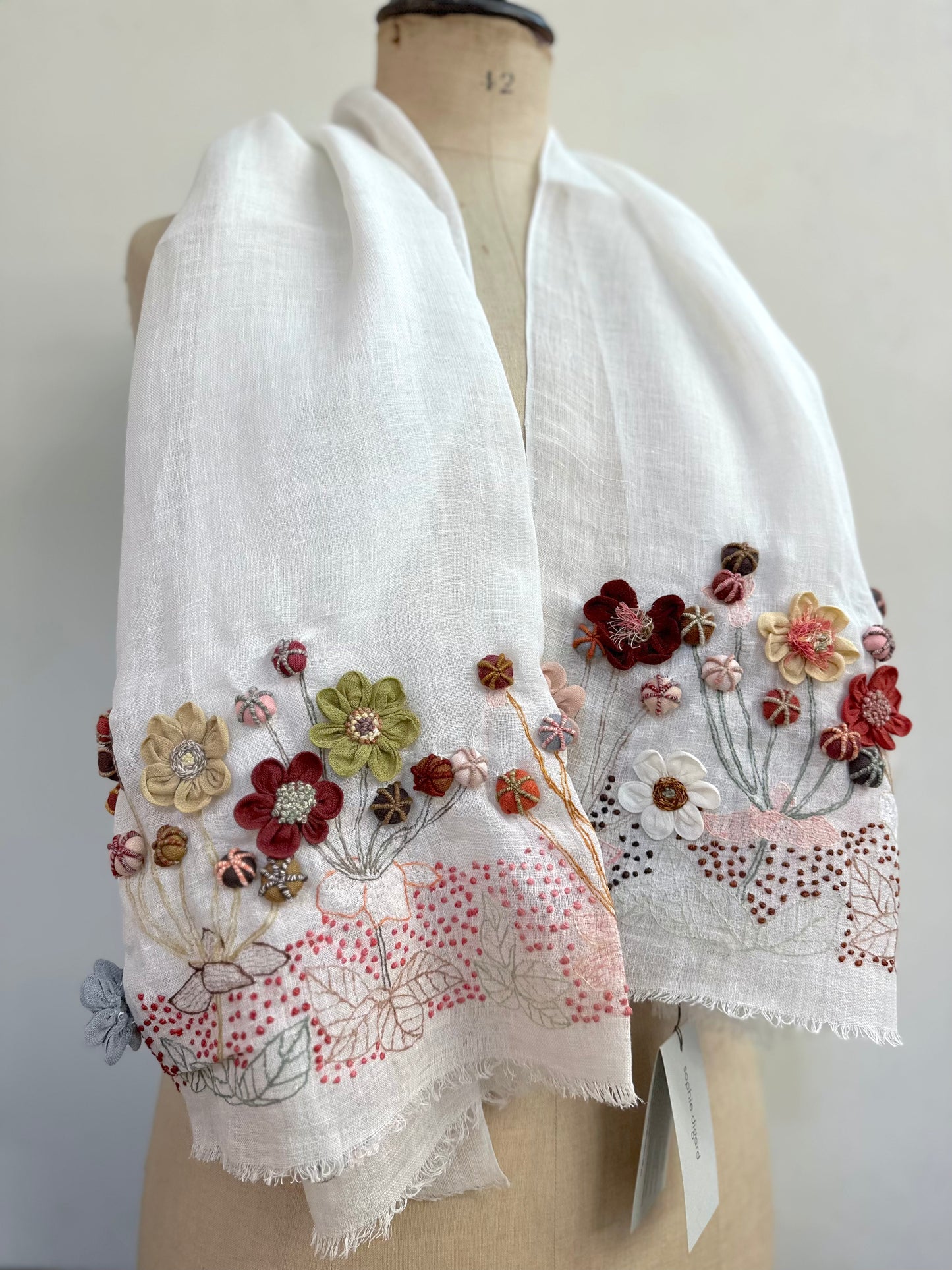 Sophie Digard Floral Embroidered White Linen Scarf