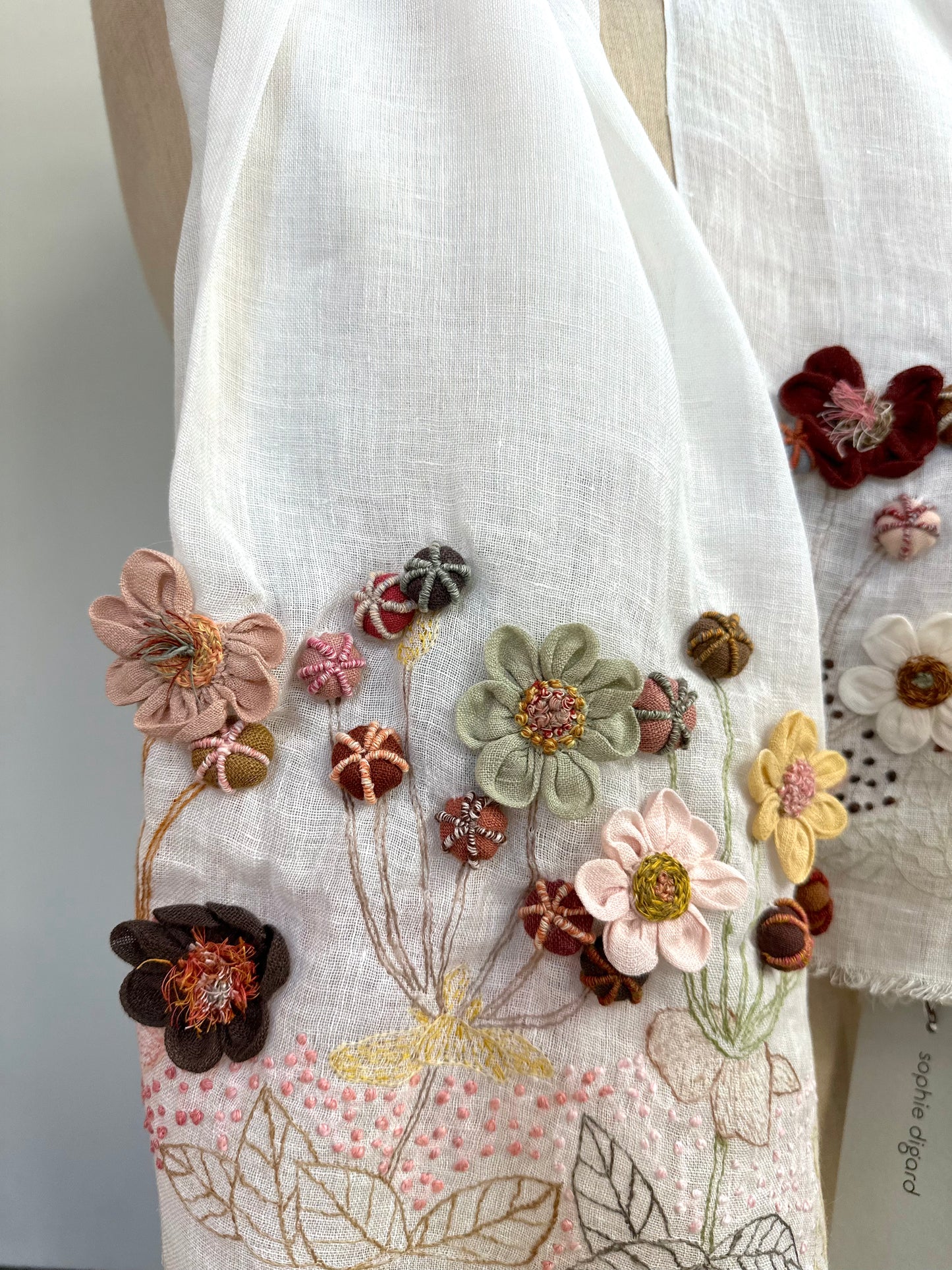 Sophie Digard Floral Embroidered White Linen Scarf