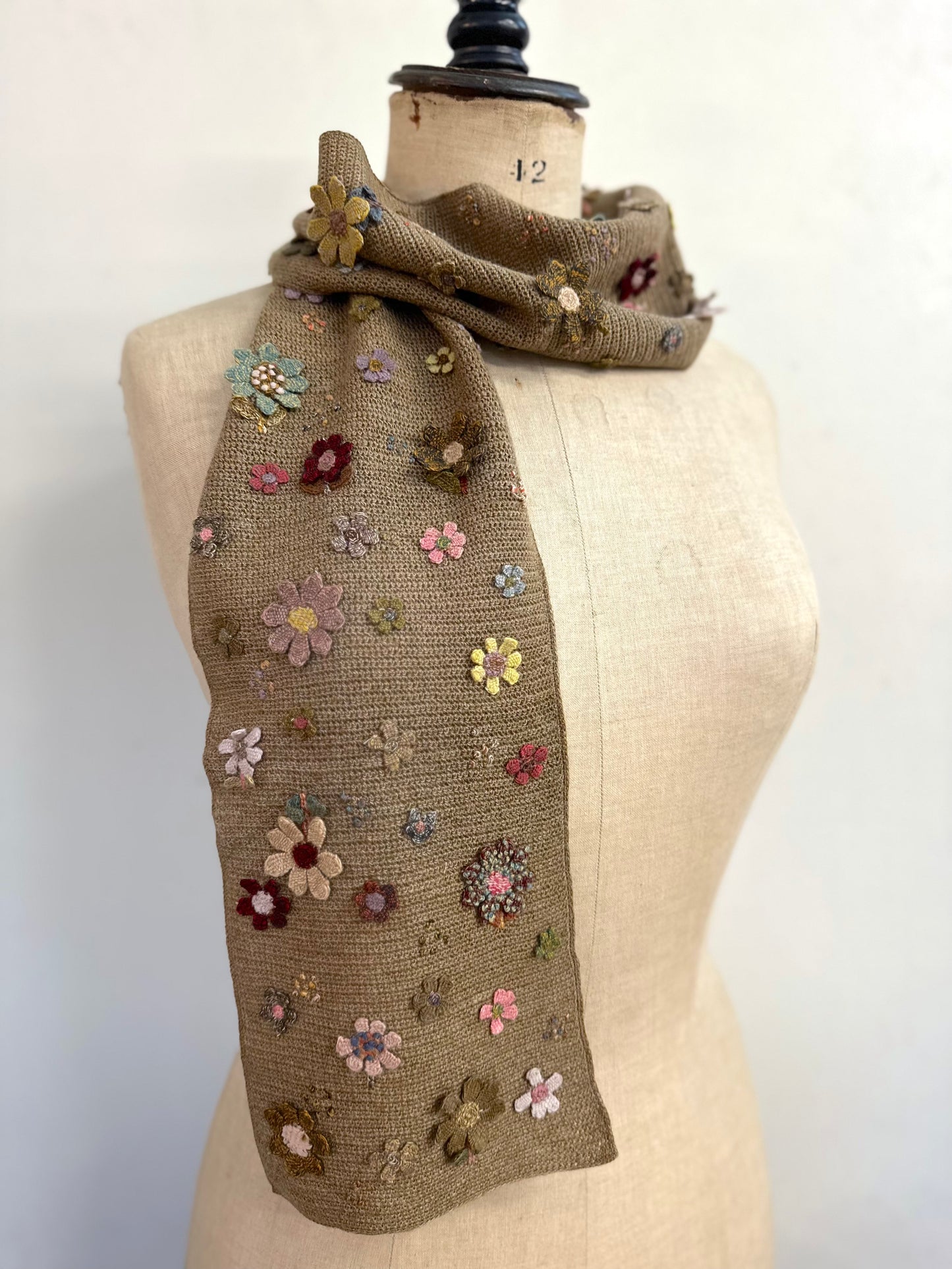 Sophie Digard Taupe Crochet Scarf With Small Crochet Flowers