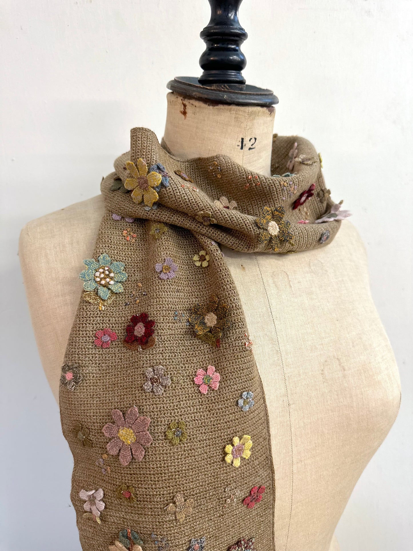 Sophie Digard Taupe Crochet Scarf With Small Crochet Flowers