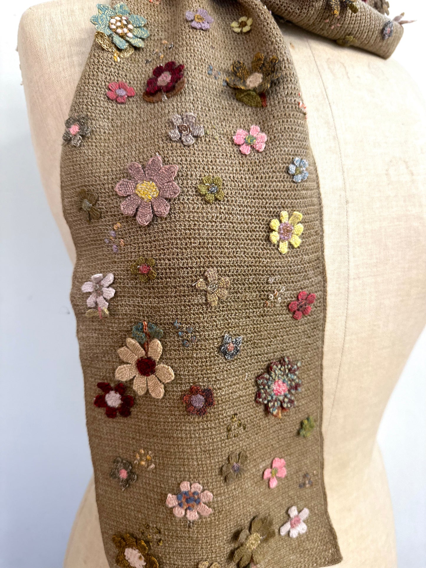 Sophie Digard Taupe Crochet Scarf With Small Crochet Flowers