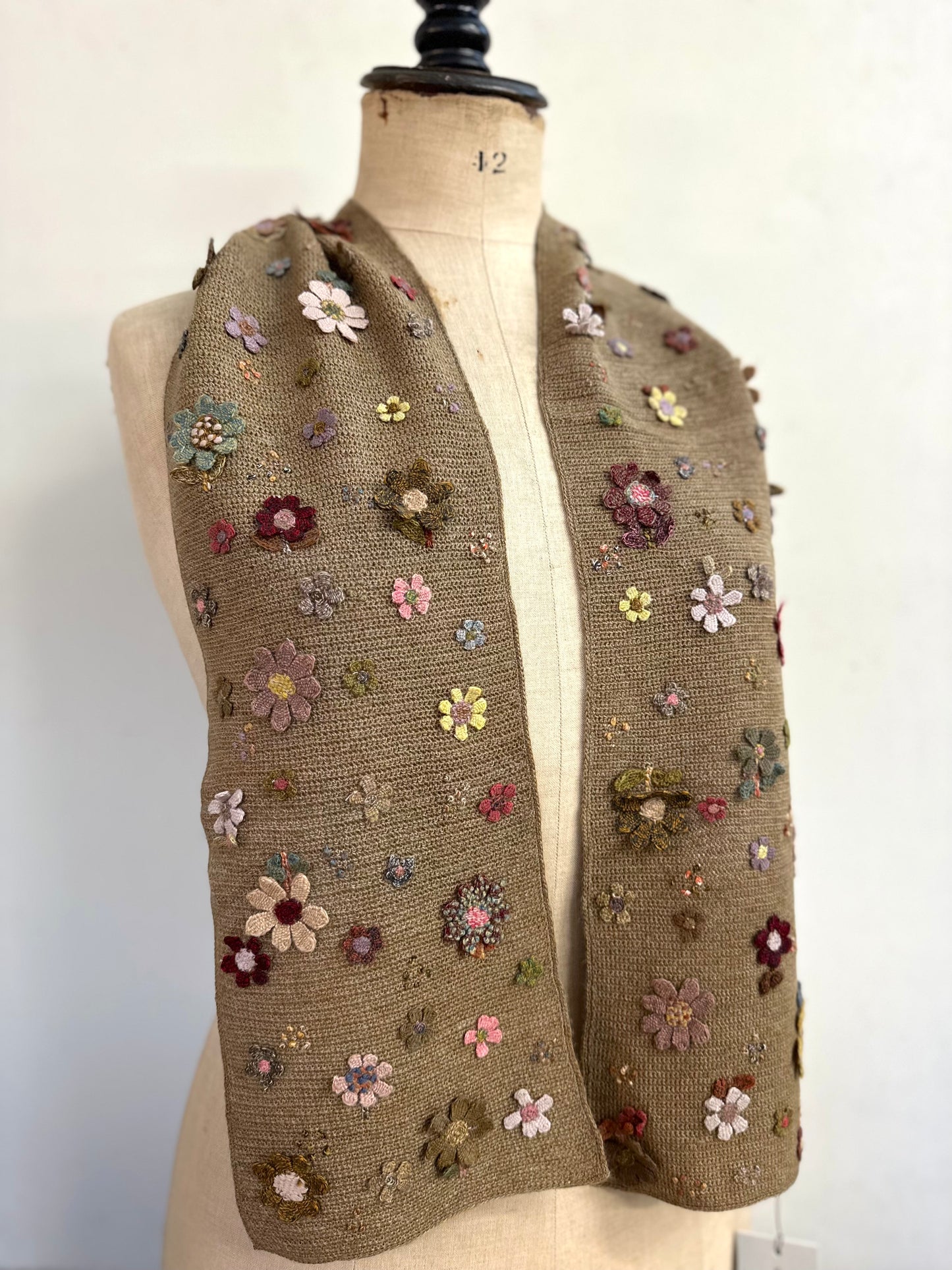 Sophie Digard Taupe Crochet Scarf With Small Crochet Flowers