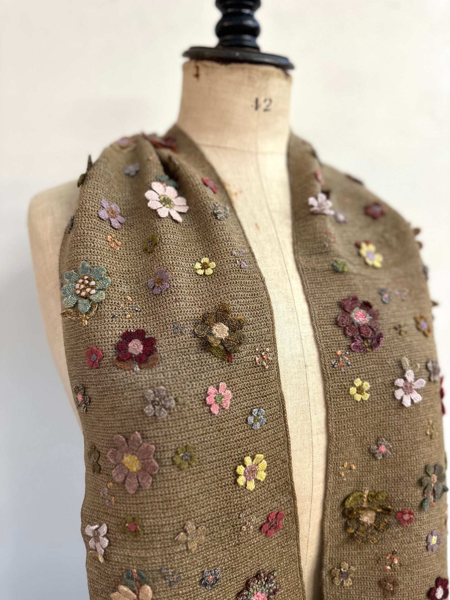 Sophie Digard Taupe Crochet Scarf With Small Crochet Flowers