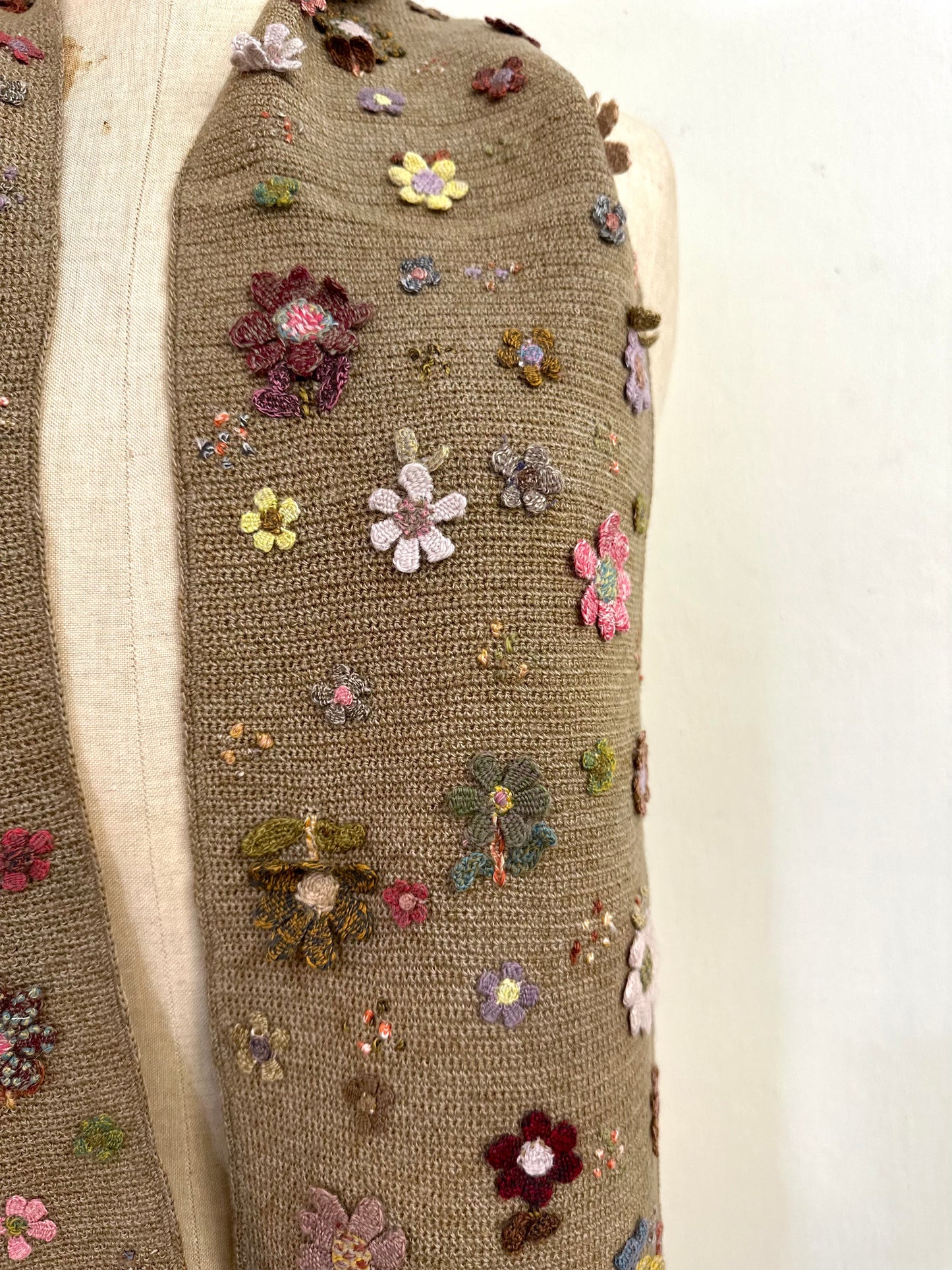 Sophie Digard Taupe Crochet Scarf With Small Crochet Flowers