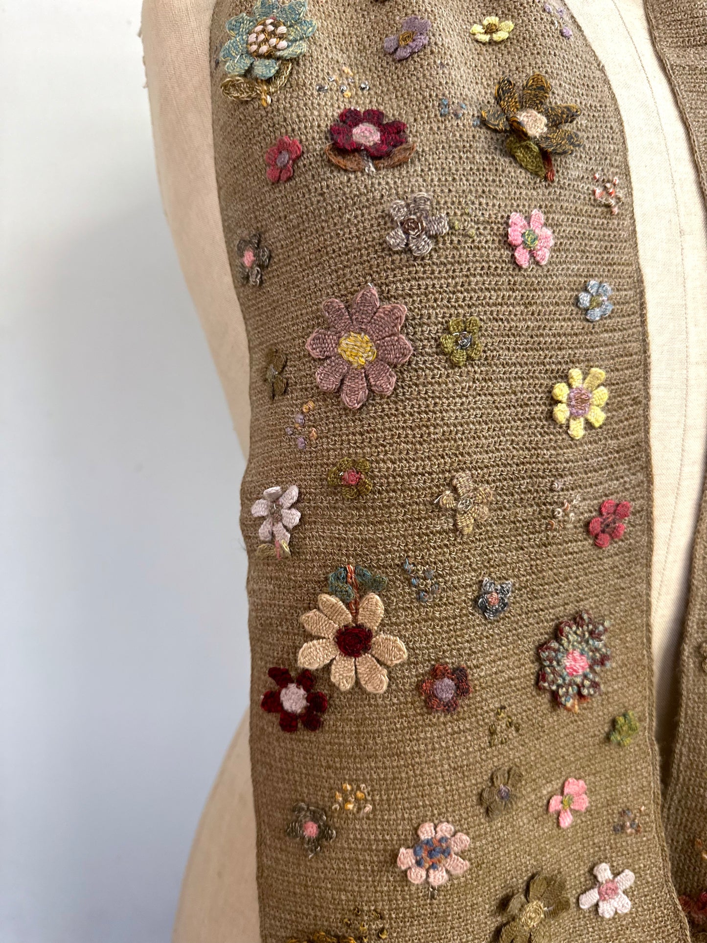 Sophie Digard Taupe Crochet Scarf With Small Crochet Flowers