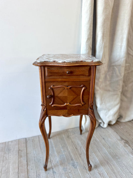 Antique French Louis XV Quartercut Veneer Bedside Table