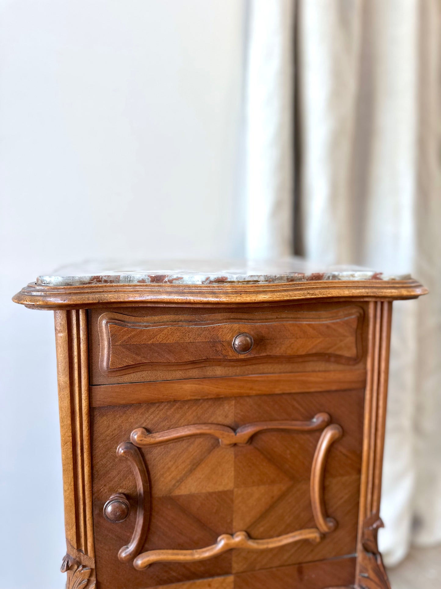 Antique French Louis XV Quartercut Veneer Bedside Table