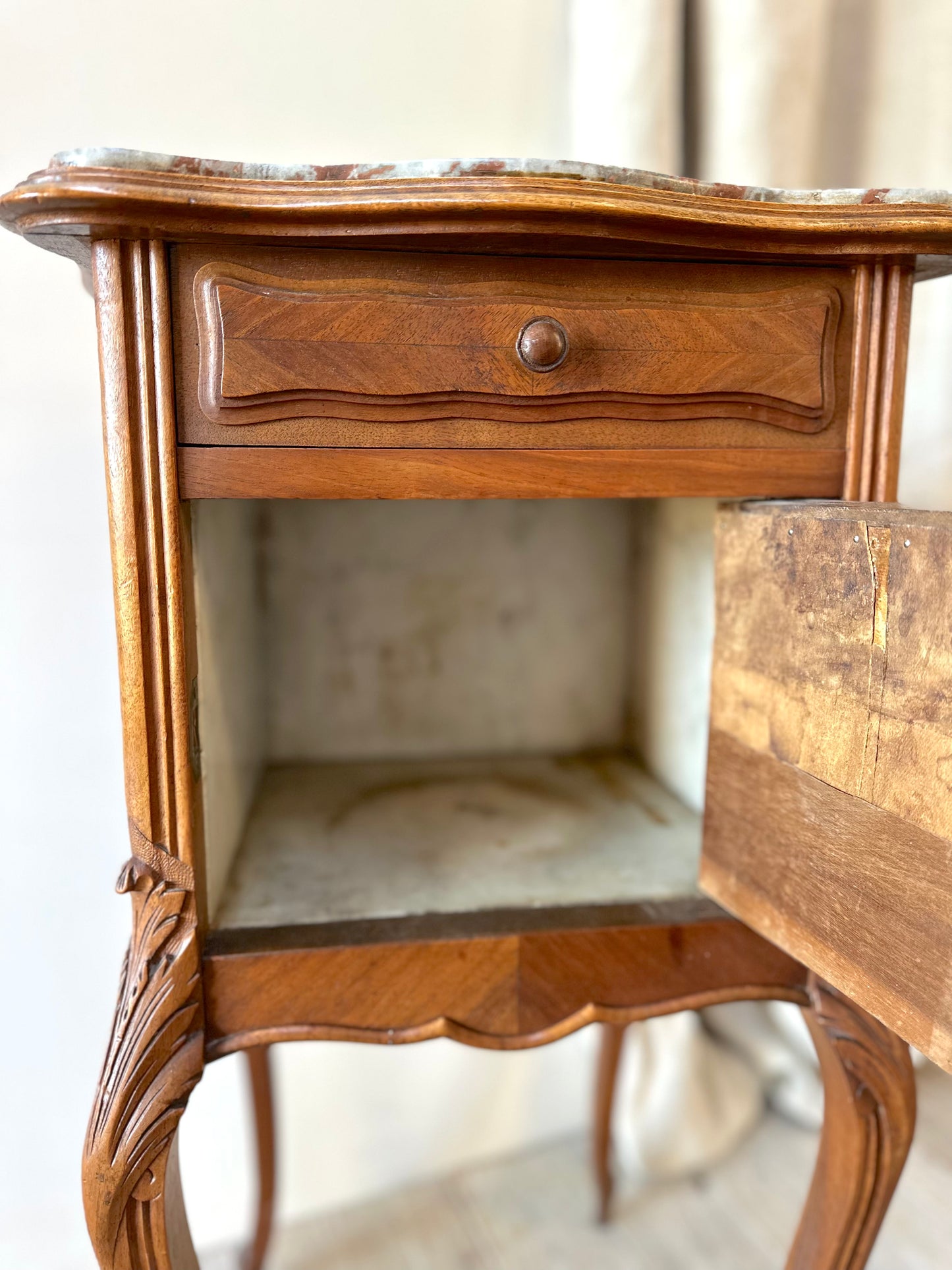 Antique French Louis XV Quartercut Veneer Bedside Table