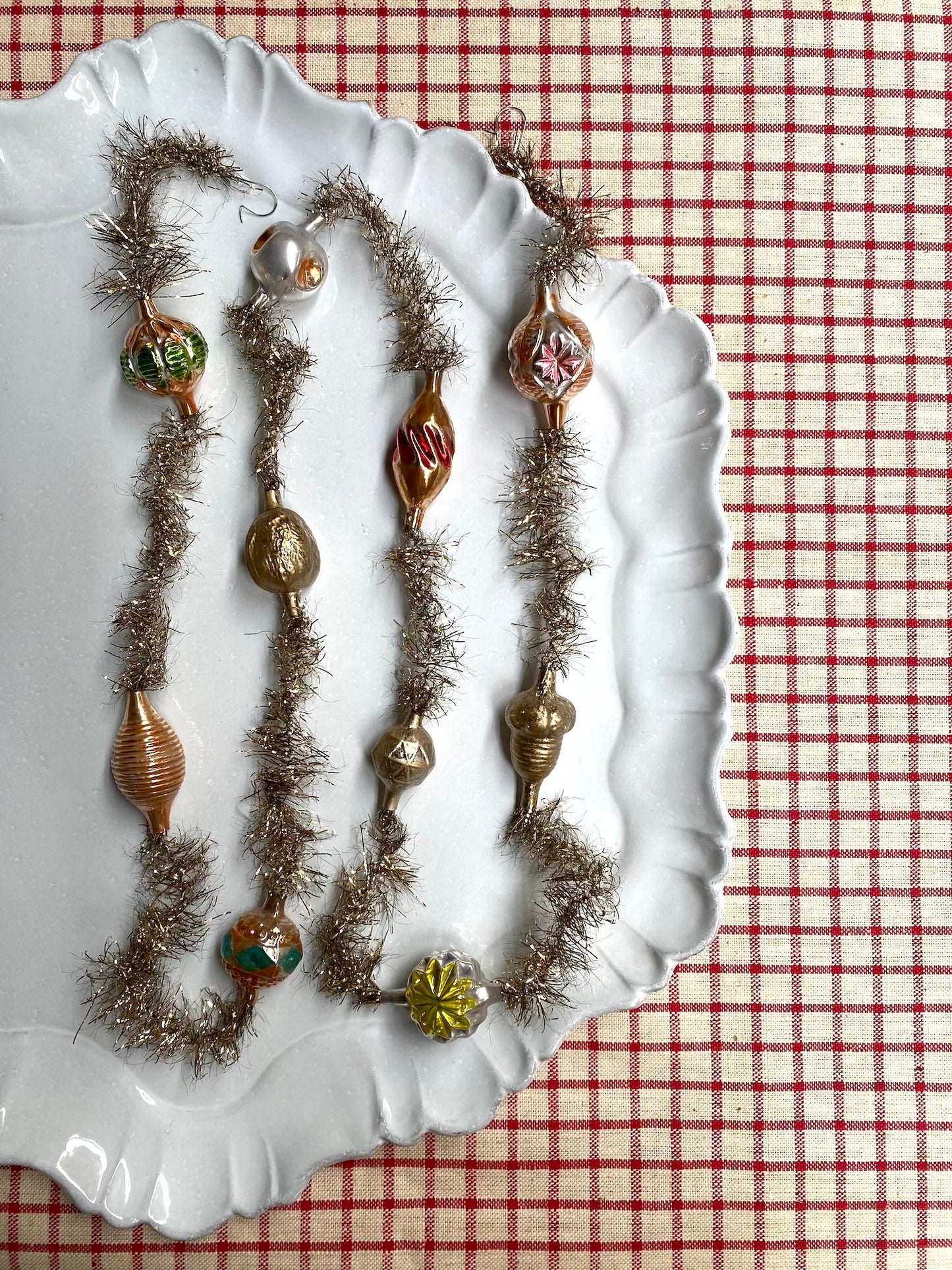 Gold Tinsel Garland with Glass Ornaments - Nostalgic German Christmas