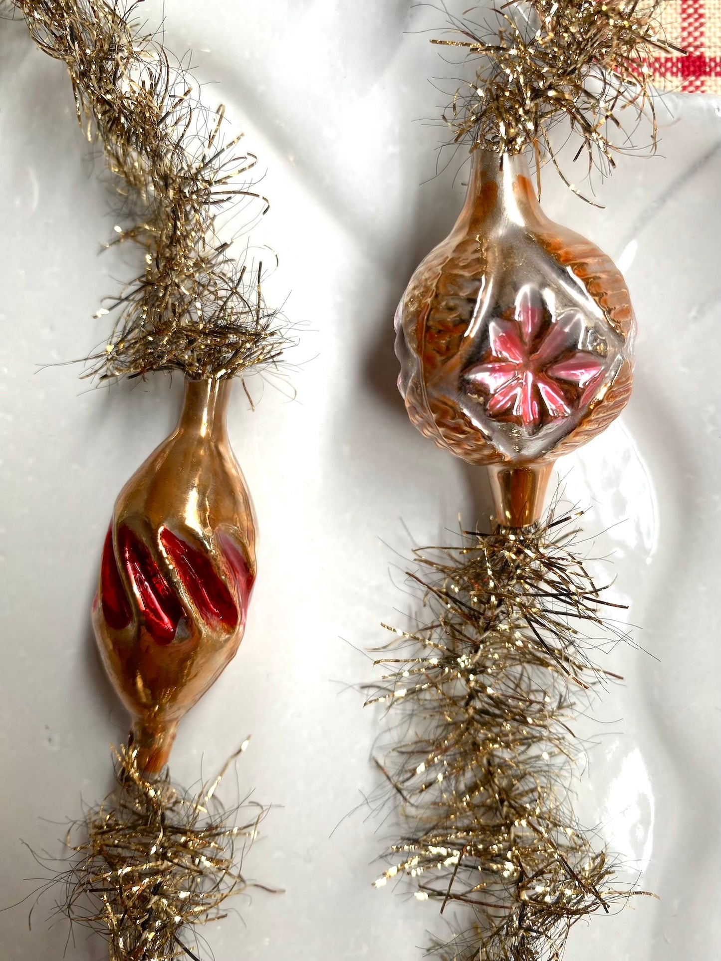 Gold Tinsel Garland with Glass Ornaments - Nostalgic German Christmas