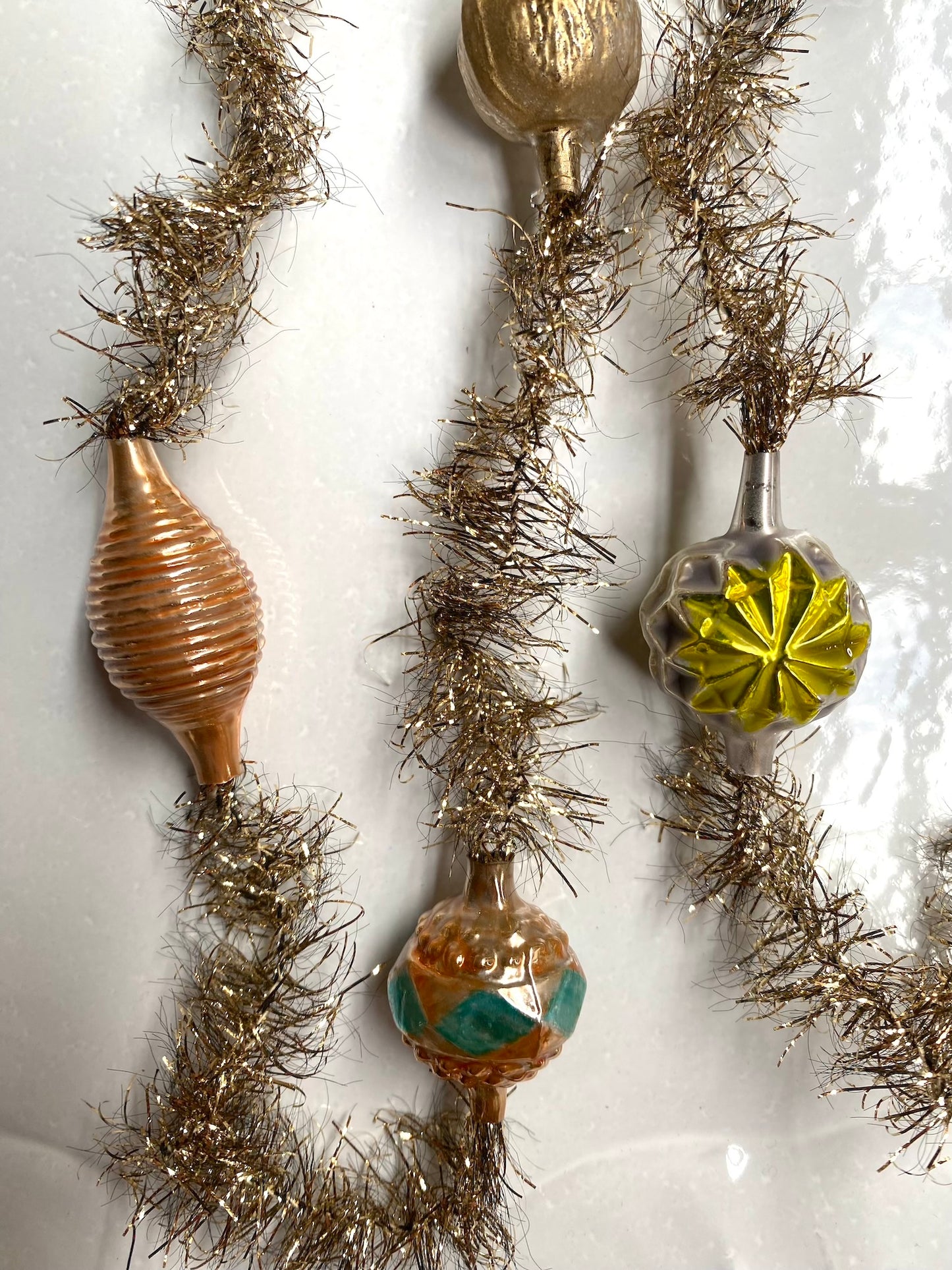 Gold Tinsel Garland with Glass Ornaments - Nostalgic German Christmas