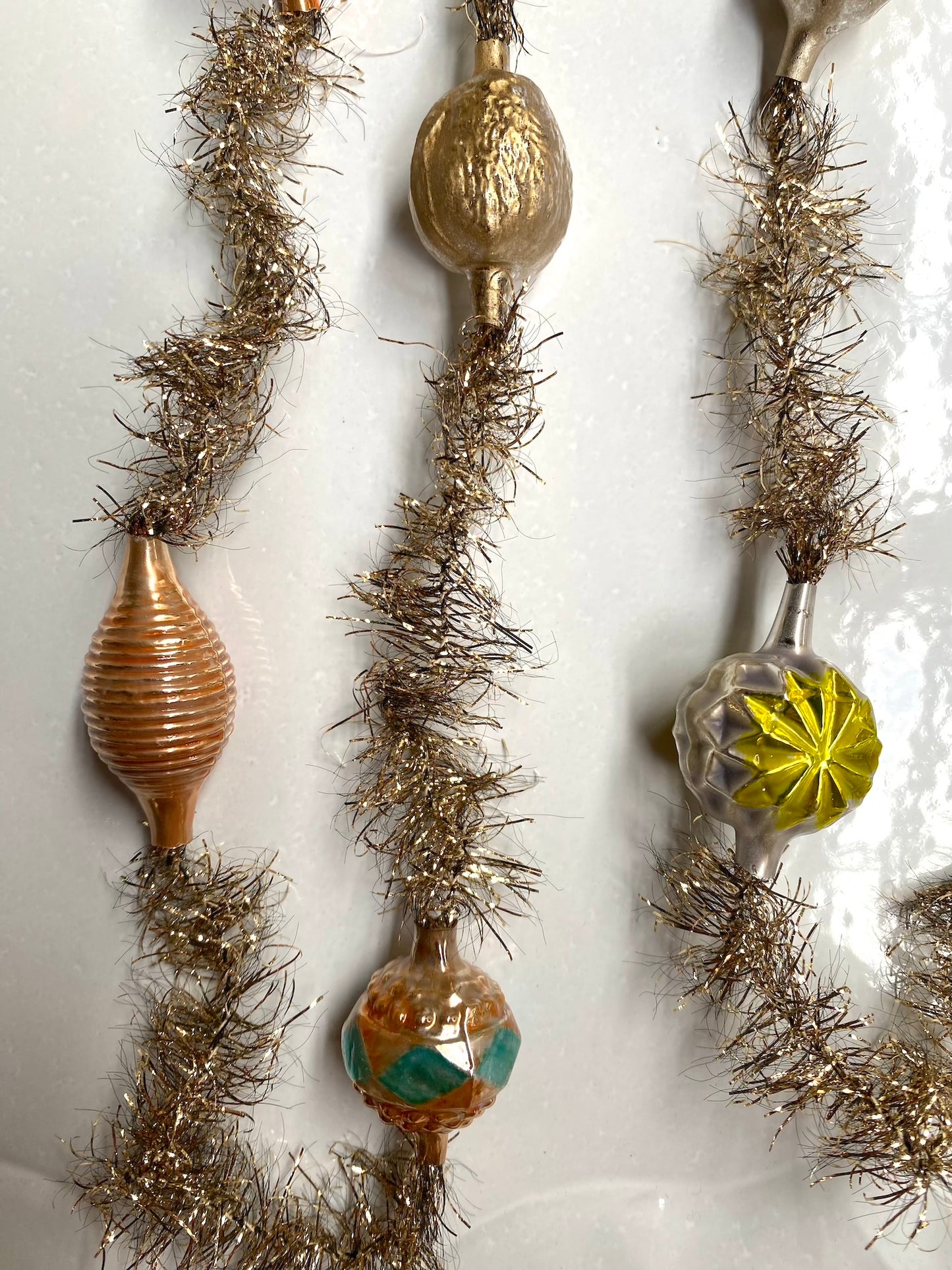 Gold Tinsel Garland with Glass Ornaments - Nostalgic German Christmas