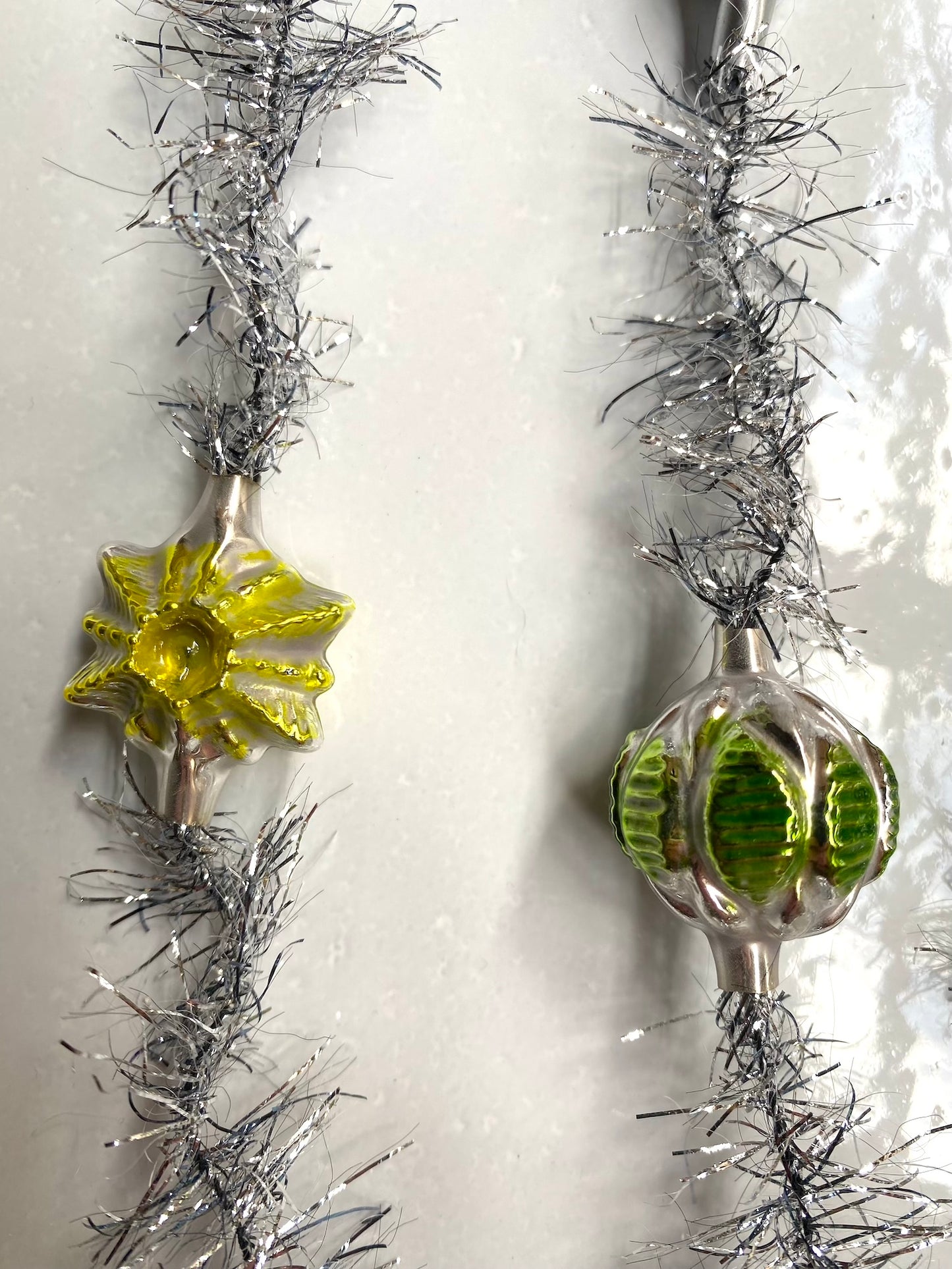 Silver Tinsel Garland with Glass Ornaments - Nostalgic German Christmas