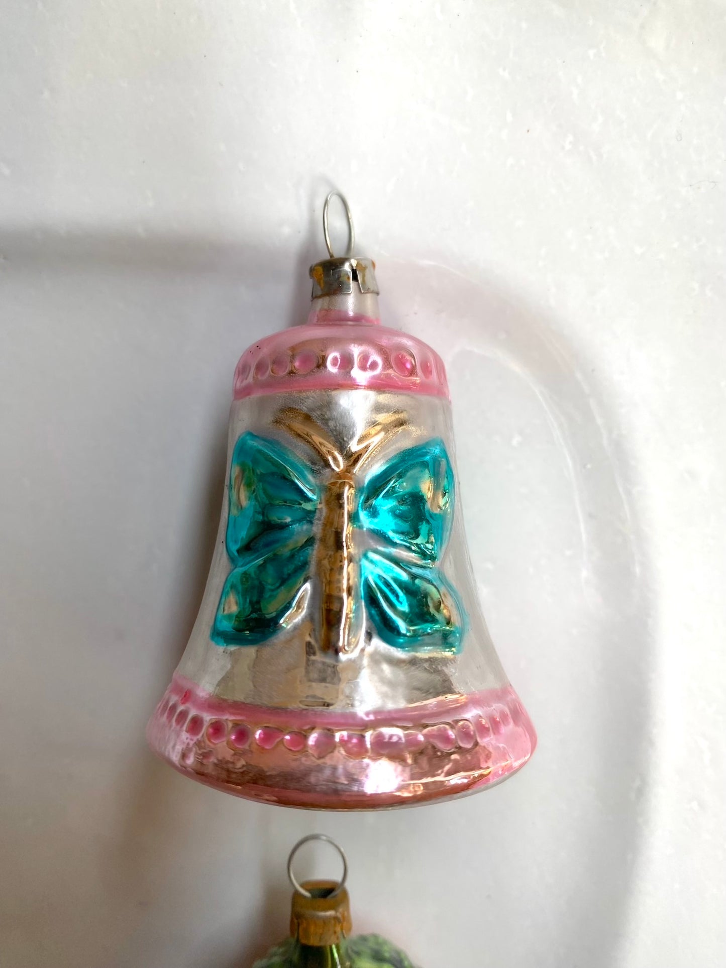 Pink Butterfly Bell & Flower - Pair of Nostalgic German Christmas Ornaments