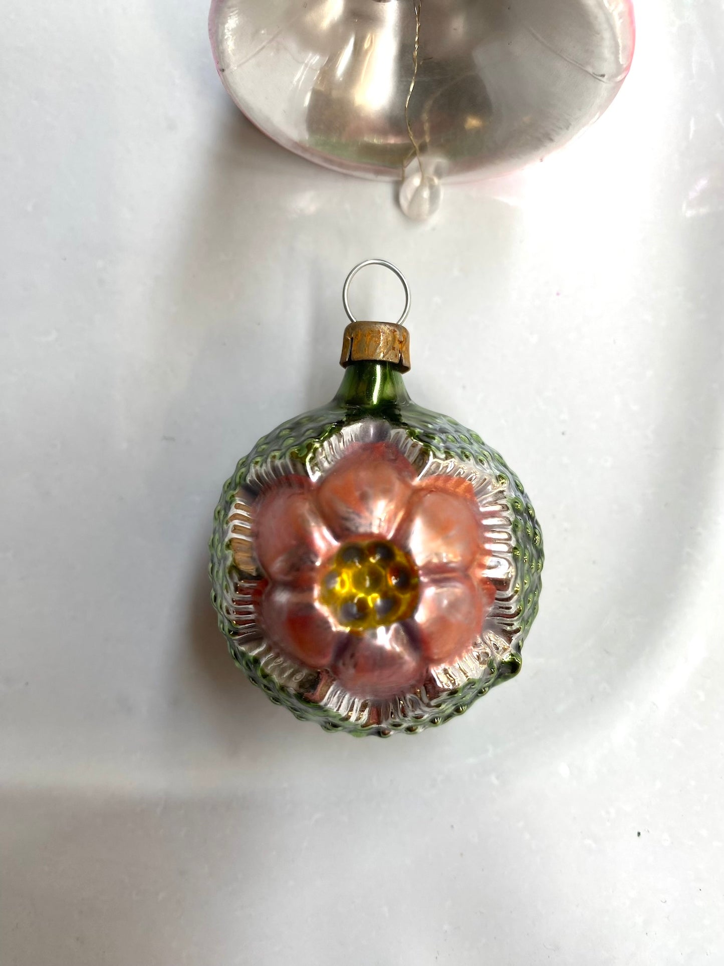 Pink Butterfly Bell & Flower - Pair of Nostalgic German Christmas Ornaments