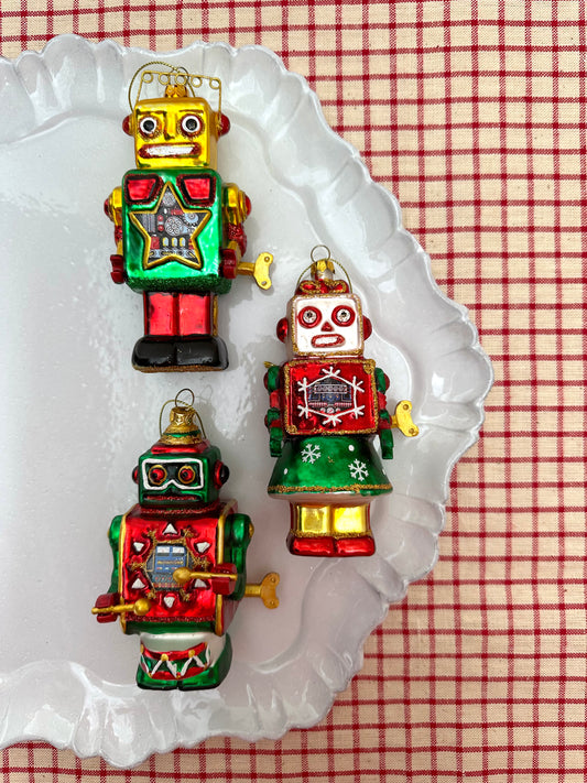 Glass Red and Green Robots - Christmas Ornament Sets