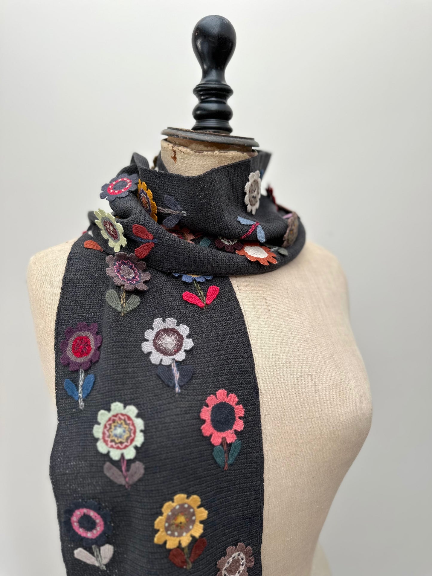 Sophie Digard Crochet Charcoal Grey Flower Applique Scarf
