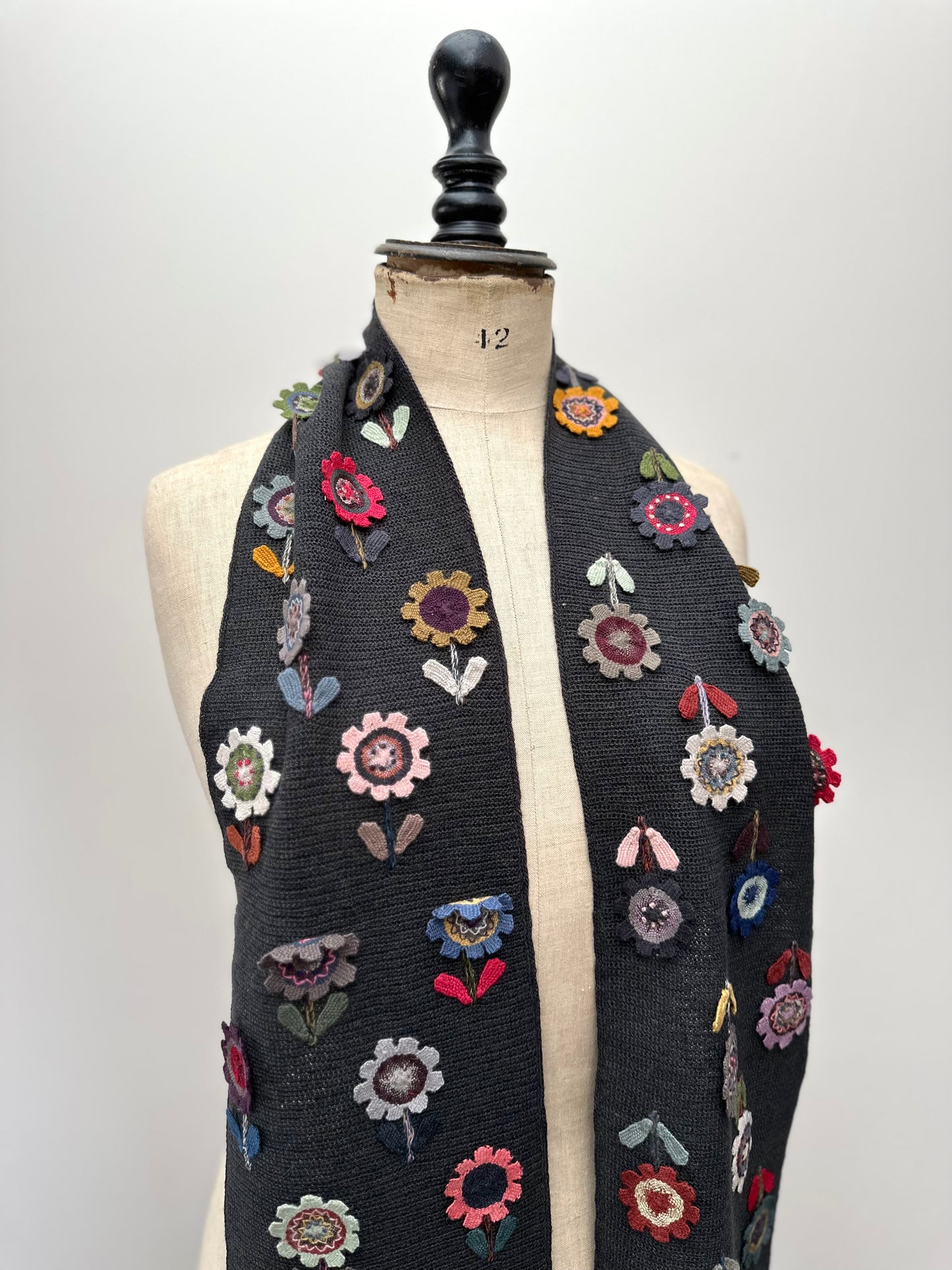 Sophie Digard Crochet Charcoal Grey Flower Applique Scarf