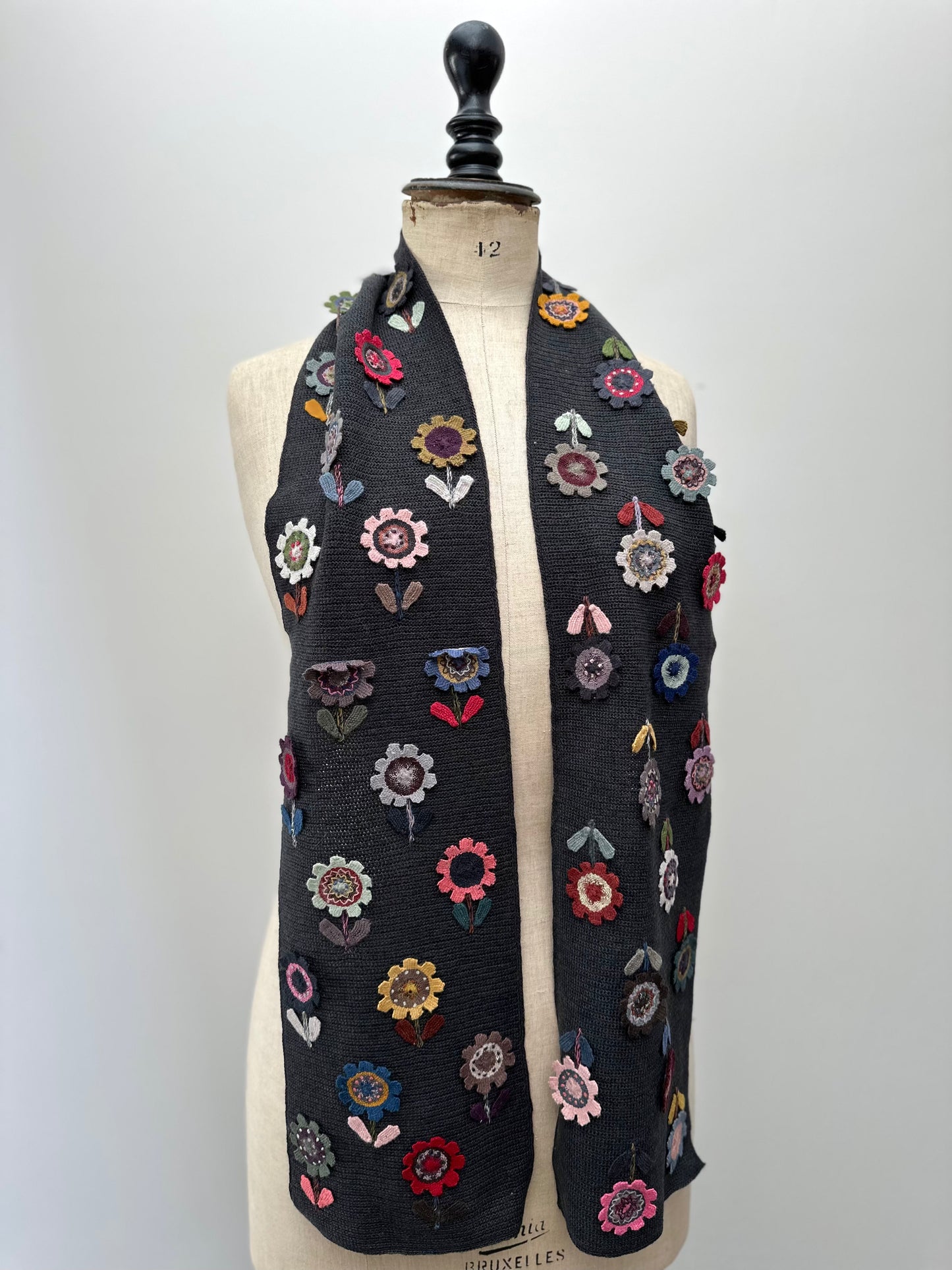 Sophie Digard Crochet Charcoal Grey Flower Applique Scarf