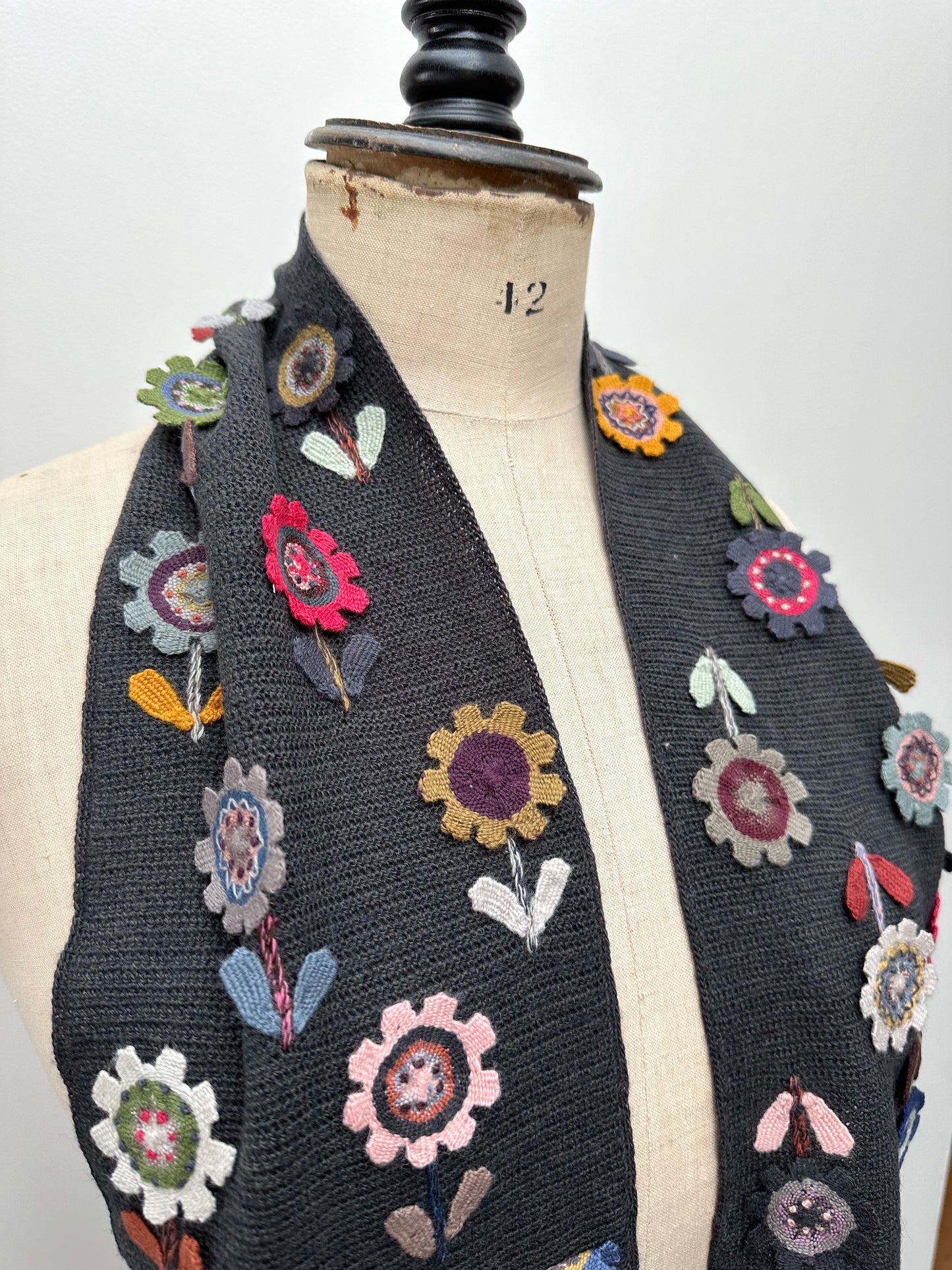 Sophie Digard Crochet Charcoal Grey Flower Applique Scarf