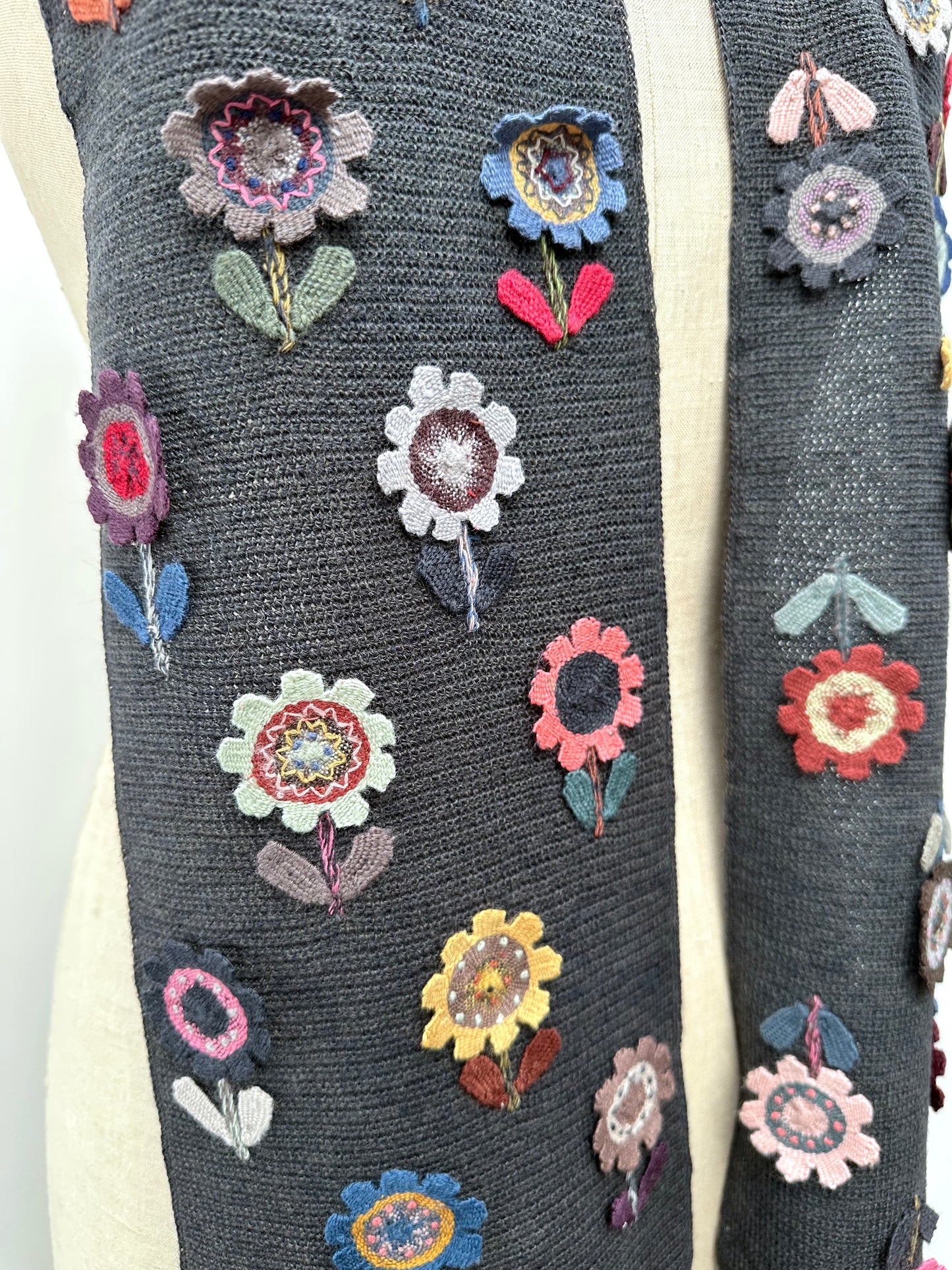 Sophie Digard Crochet Charcoal Grey Flower Applique Scarf