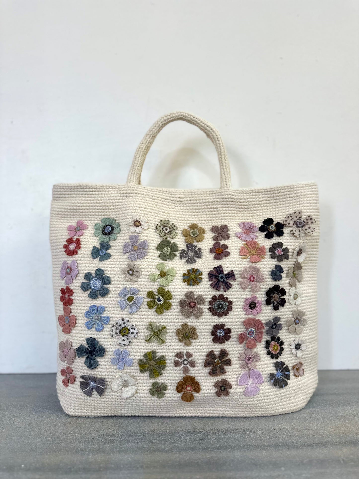 Sophie Digard Crochet Cream Wool Bag With Spring Flowers