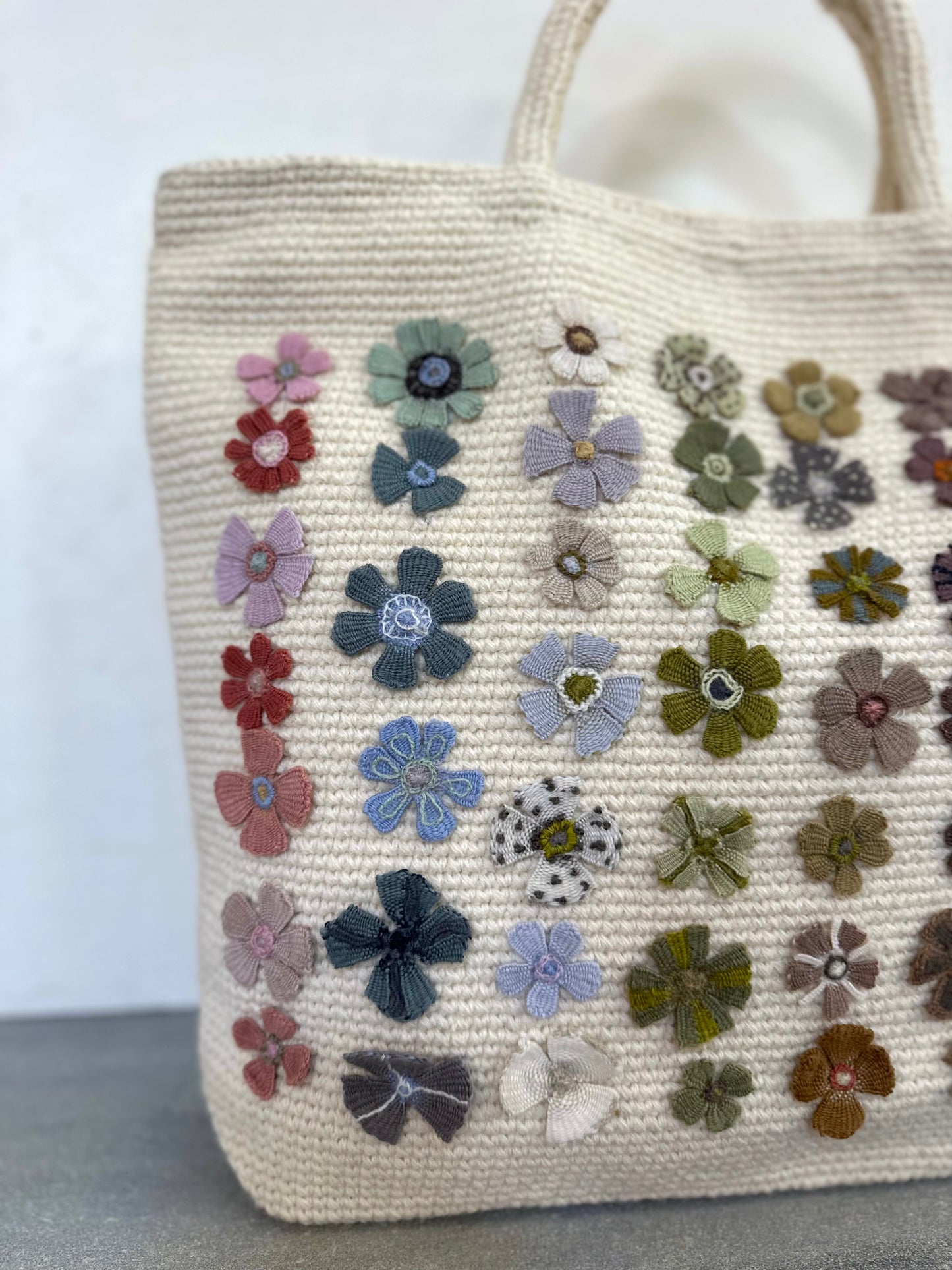Sophie Digard Crochet Cream Wool Bag With Spring Flowers