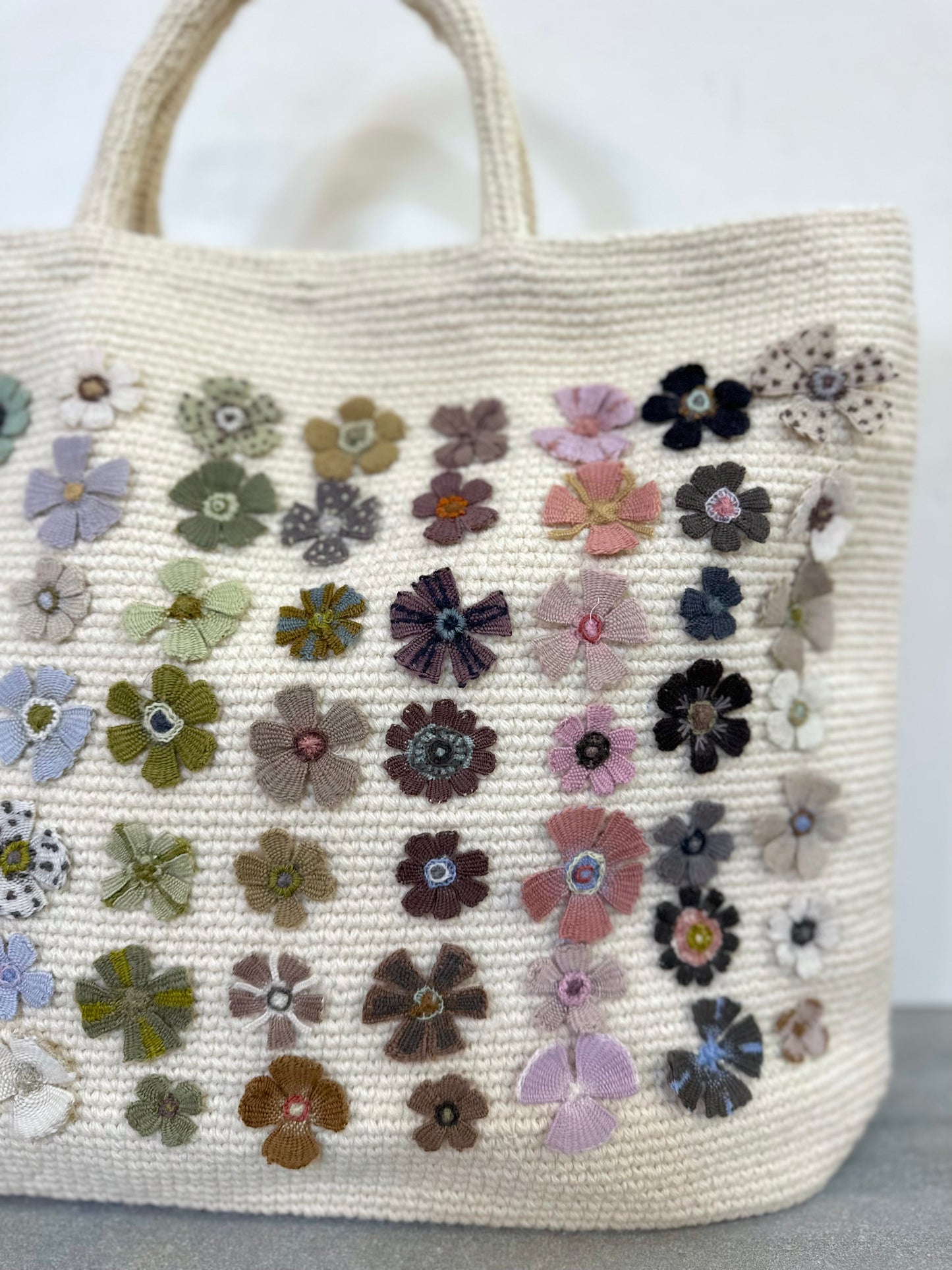 Sophie Digard Crochet Cream Wool Bag With Spring Flowers