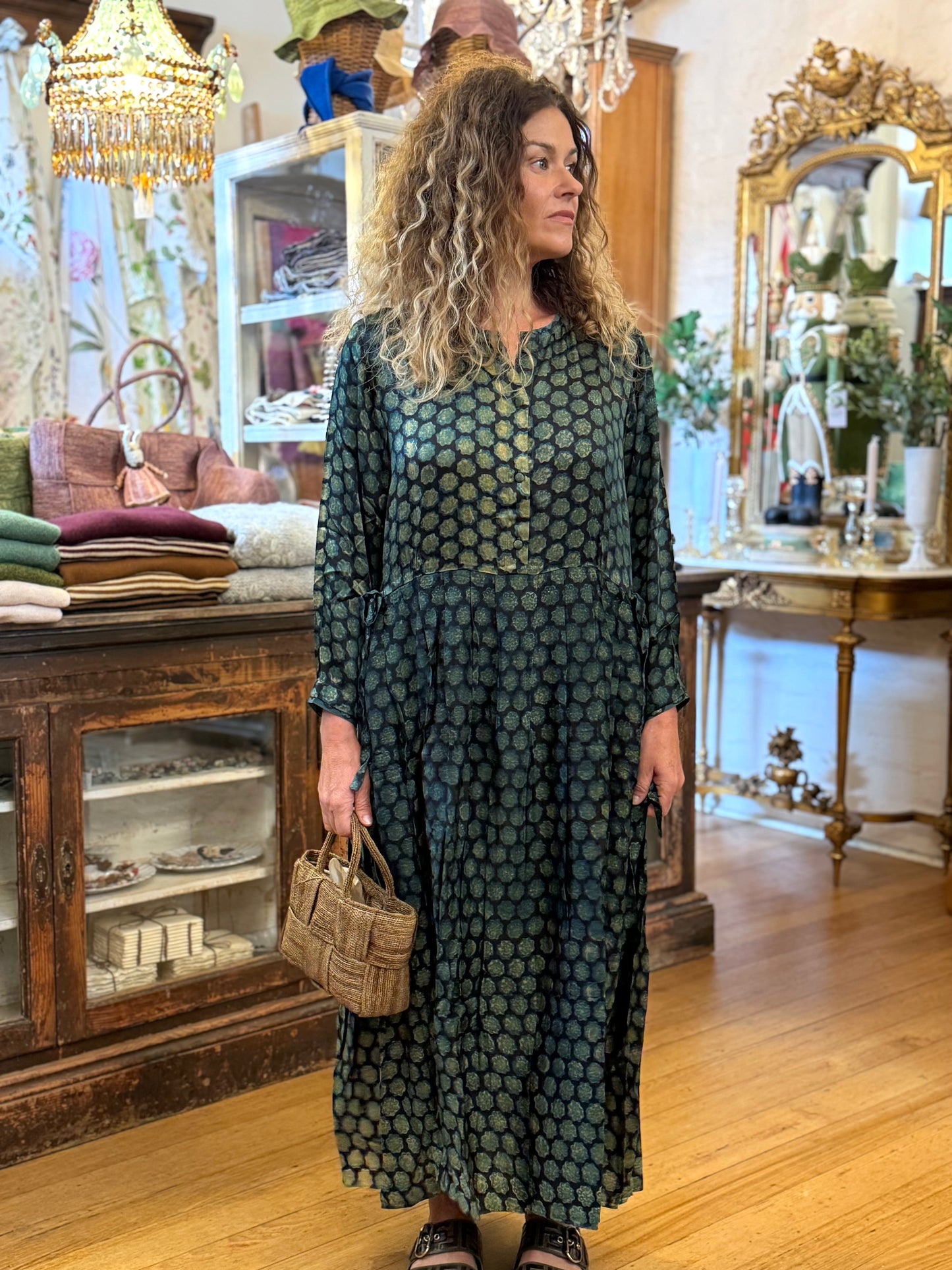 Runaway Bicycle Green Pattern Silk Dress With Tie Waistband