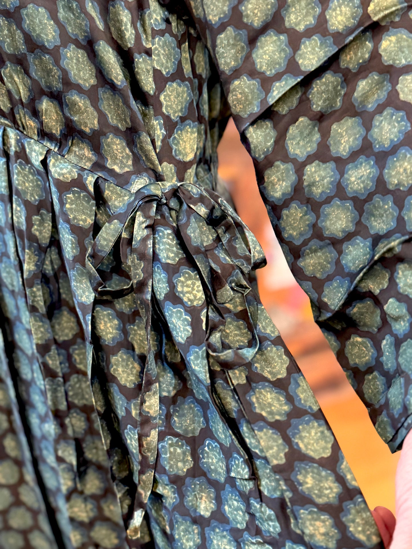 Runaway Bicycle Green Pattern Silk Dress With Tie Waistband