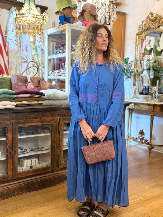 Runaway Bicycle Long Sleeve Blue Dress With Embroidery