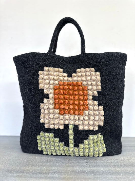 Sophie Digard Graphite Crochet Wool Bag With Velvet Bobble Flower