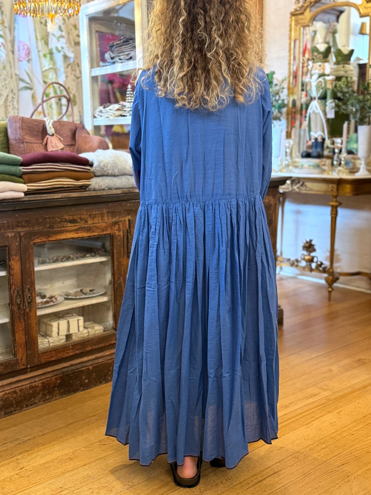 Runaway Bicycle Long Sleeve Blue Dress With Embroidery