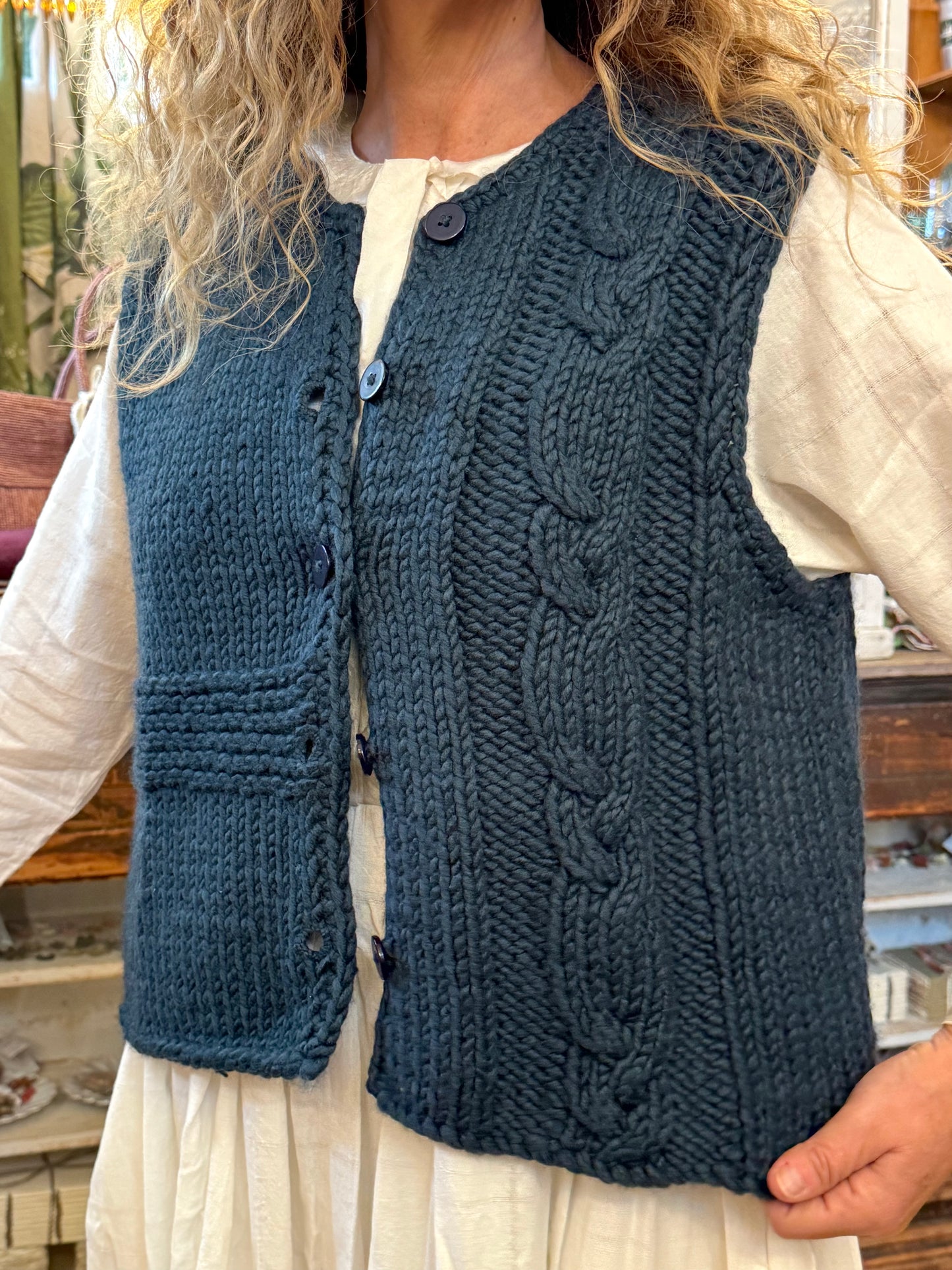 Runaway Bicycle Knitted Button Up Vest In Teal