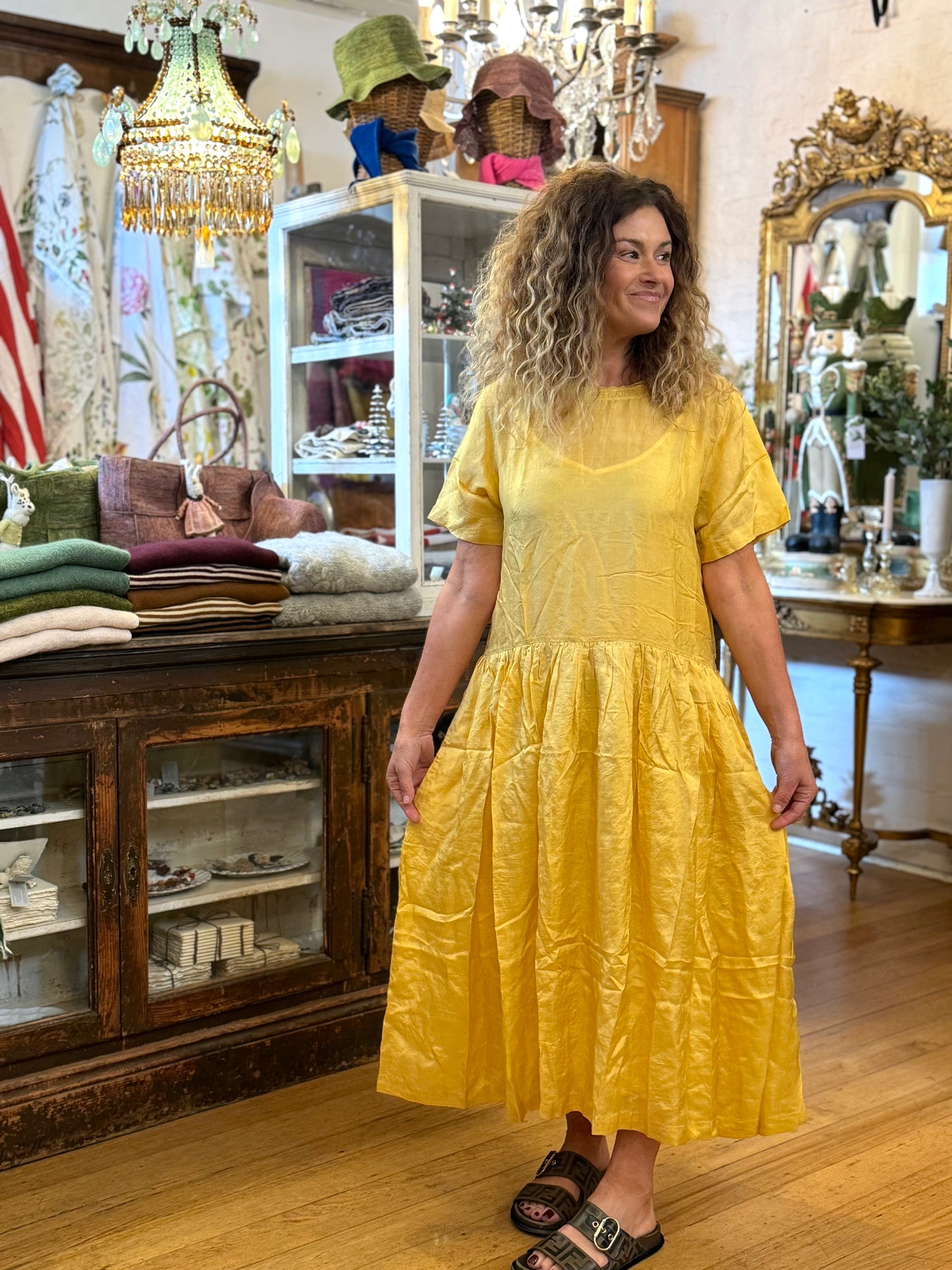 Runaway Bicycle Yellow Silk Dress With Embroidered Neckline