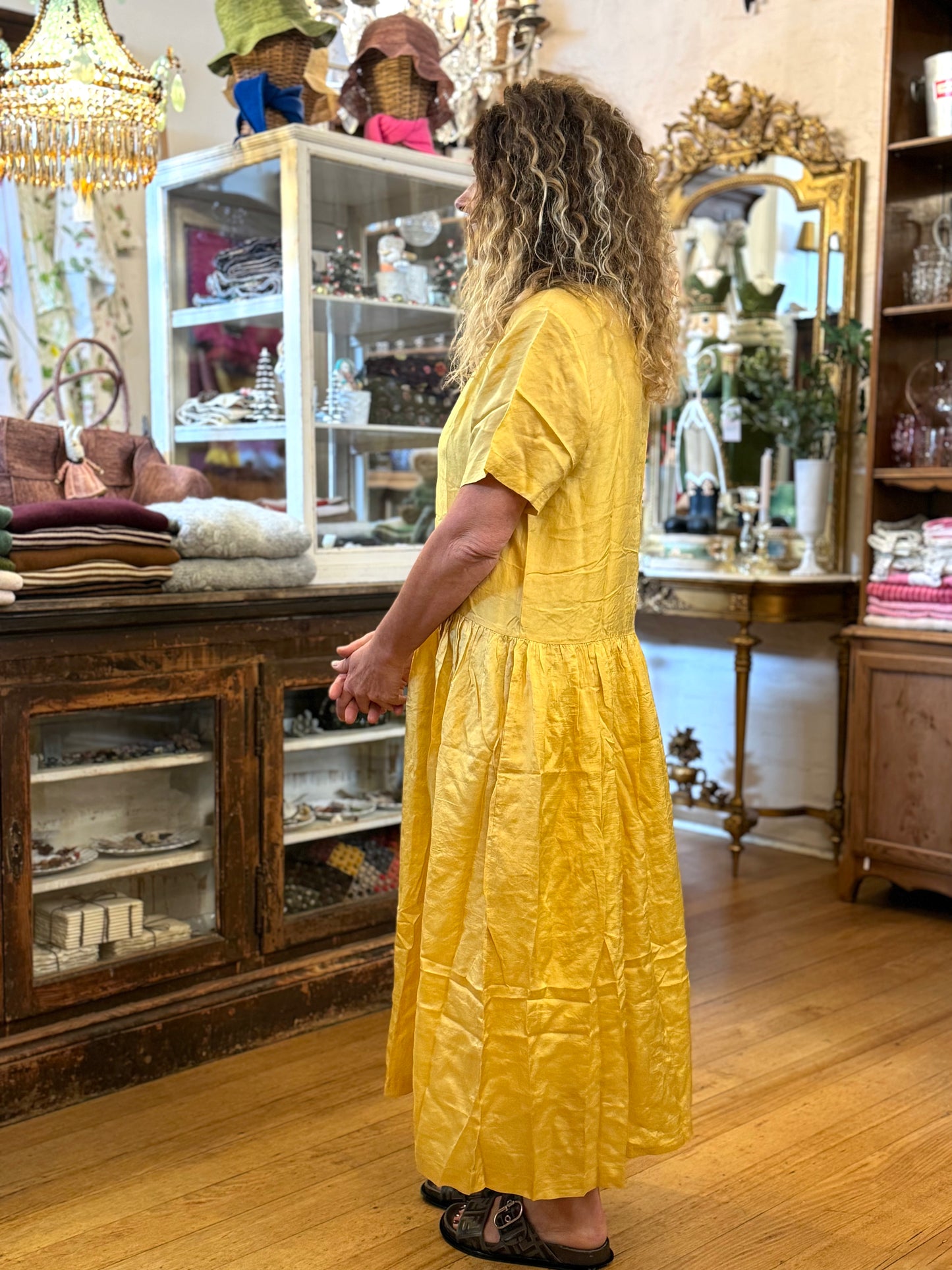 Runaway Bicycle Yellow Silk Dress With Embroidered Neckline