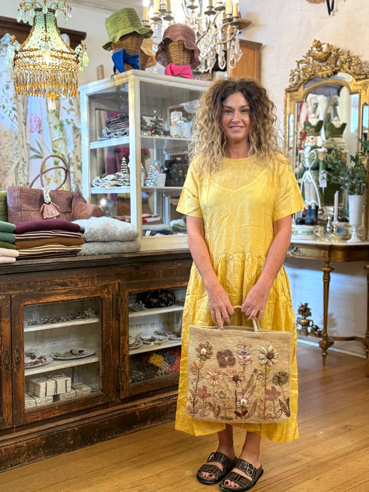 Runaway Bicycle Yellow Silk Dress With Embroidered Neckline