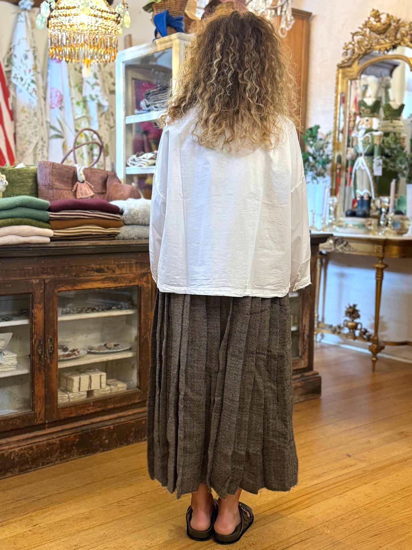 Runaway Bicycle Herringbone Pleated Grey Wool Skirt