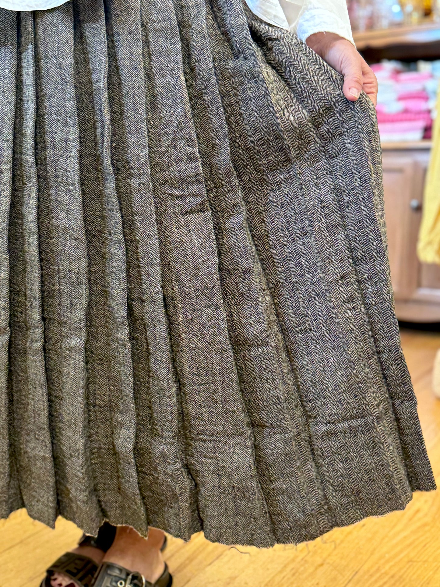 Runaway Bicycle Herringbone Pleated Grey Wool Skirt