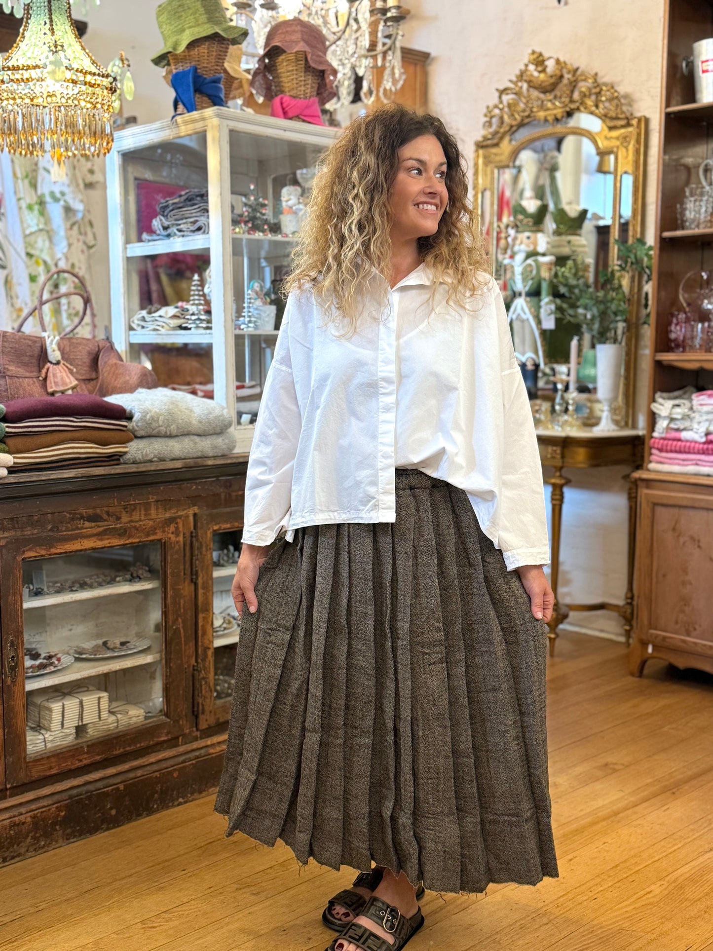 Runaway Bicycle Herringbone Pleated Grey Wool Skirt