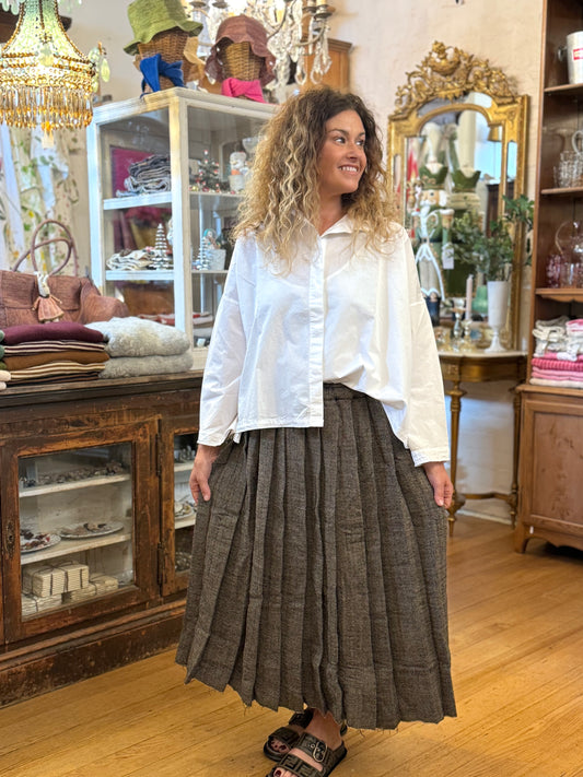 Runaway Bicycle Herringbone Pleated Grey Wool Skirt