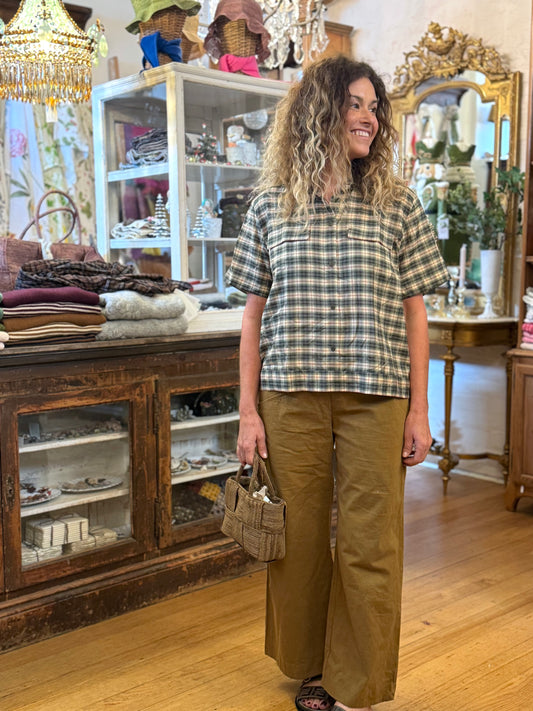 Runaway Bicycle Green Check Blouse