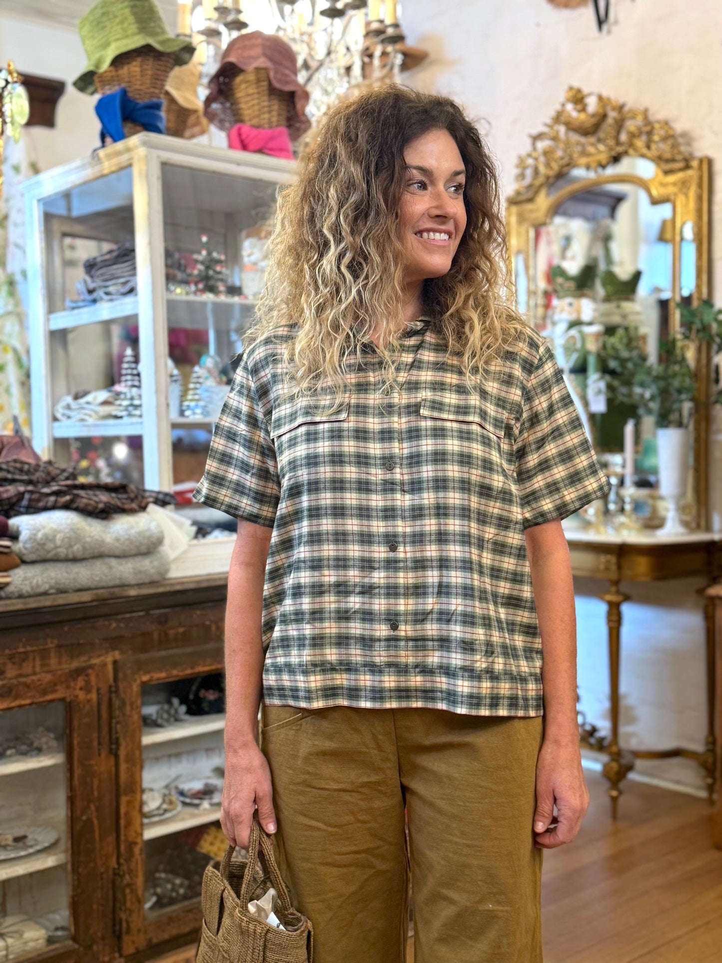 Runaway Bicycle Green Check Blouse