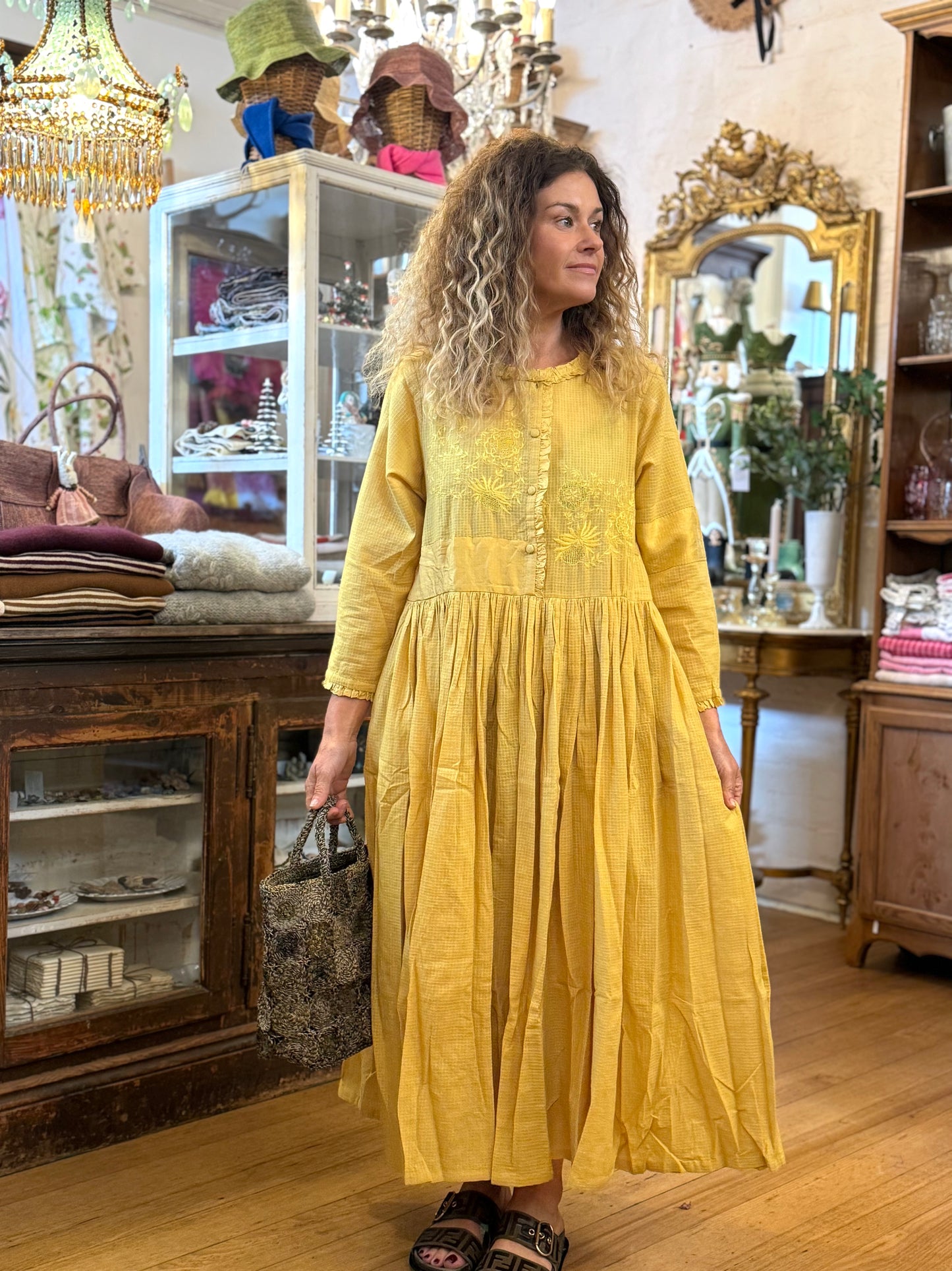 Runaway Bicycle Long Sleeve Yellow Dress With Embroidery