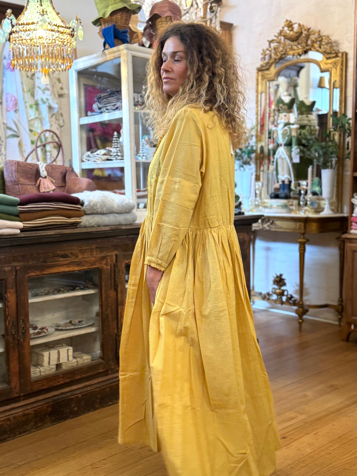 Runaway Bicycle Long Sleeve Yellow Dress With Embroidery