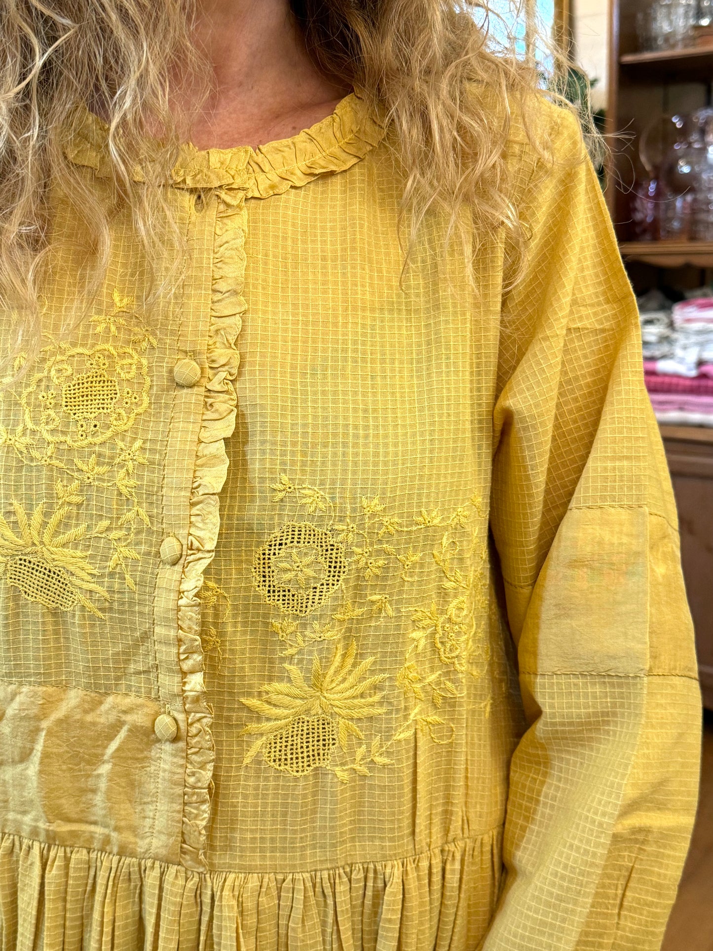 Runaway Bicycle Long Sleeve Yellow Dress With Embroidery