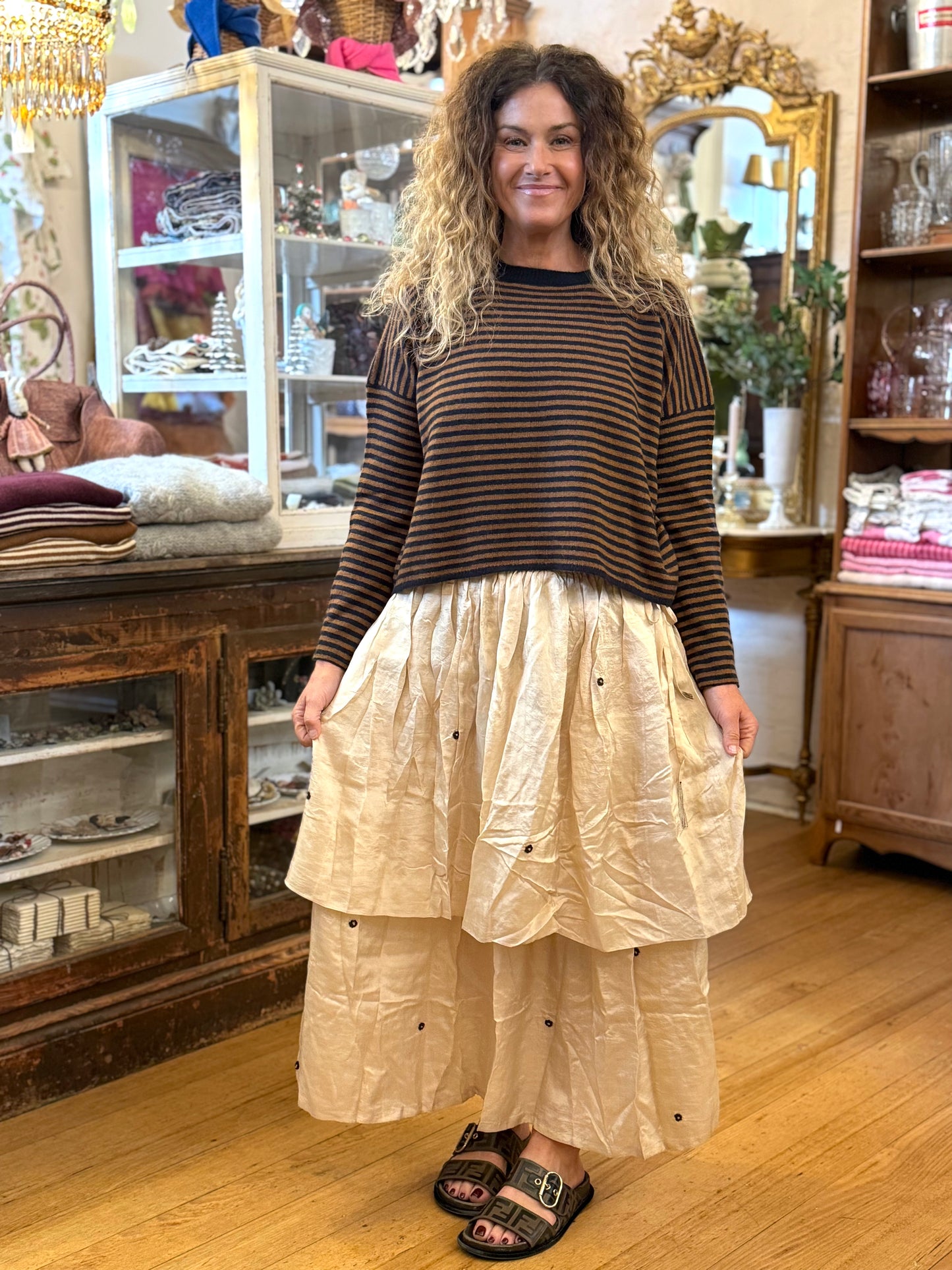 Runaway Bicycle Silk Skirt With Embroidered Flowers